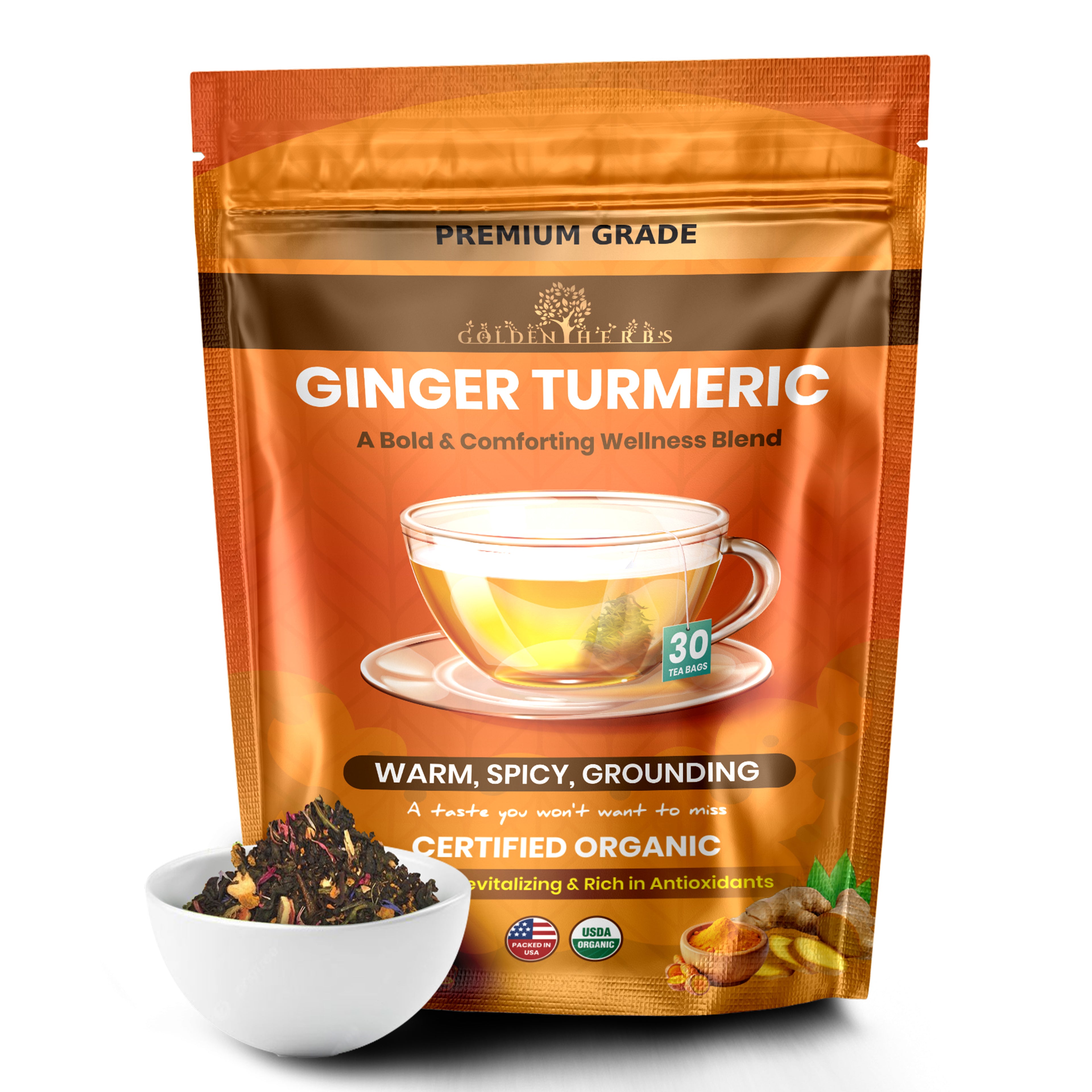 Golden Herbs USDA Organic Ginger Turmeric Herbal Tea – 30 Tea Bags – Warming, Anti-Inflammatory & Immune Support – Packed in USA