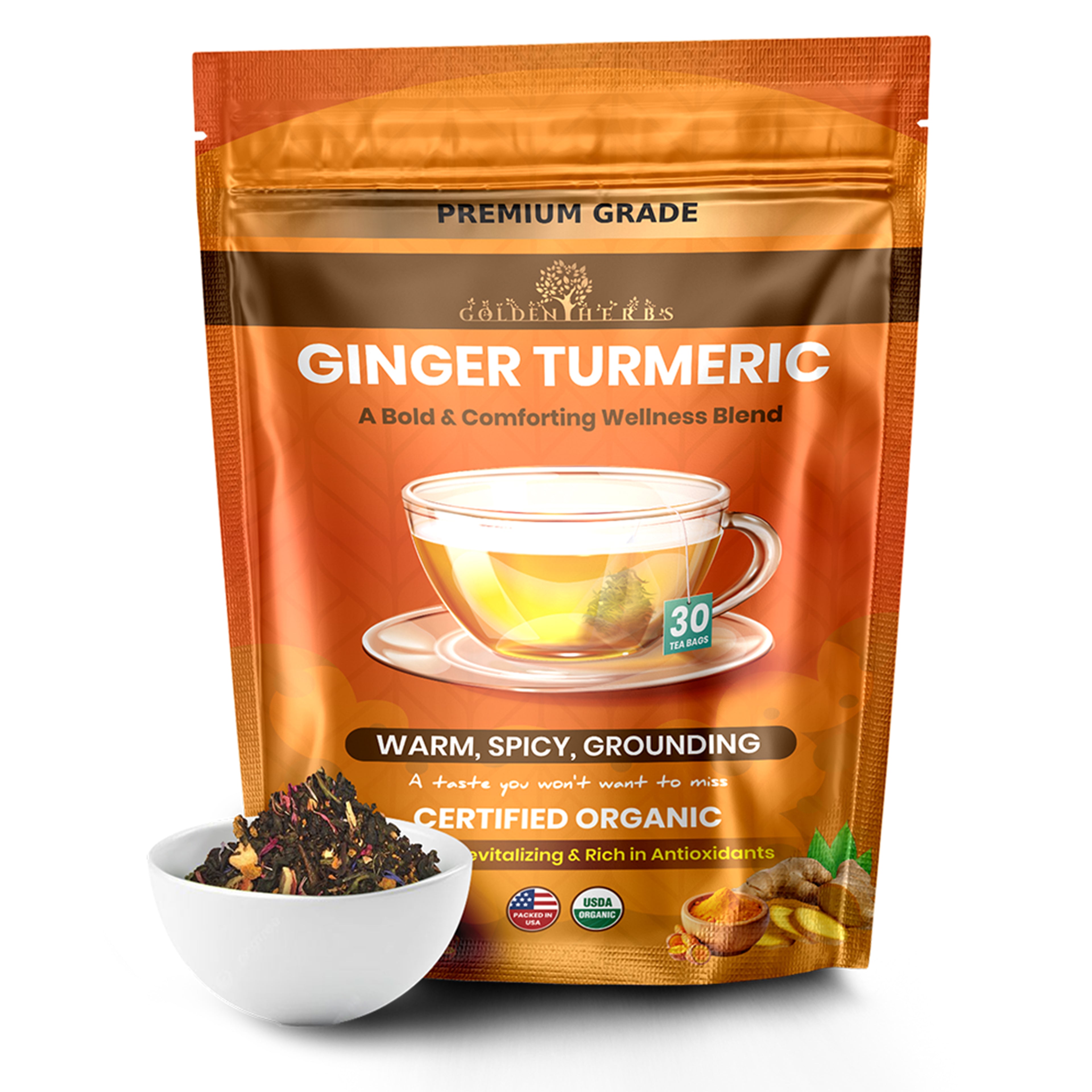 Golden Herbs USDA Organic Ginger Turmeric Herbal Tea – 30 Tea Bags – Warming, Anti-Inflammatory & Immune Support – Packed in USA