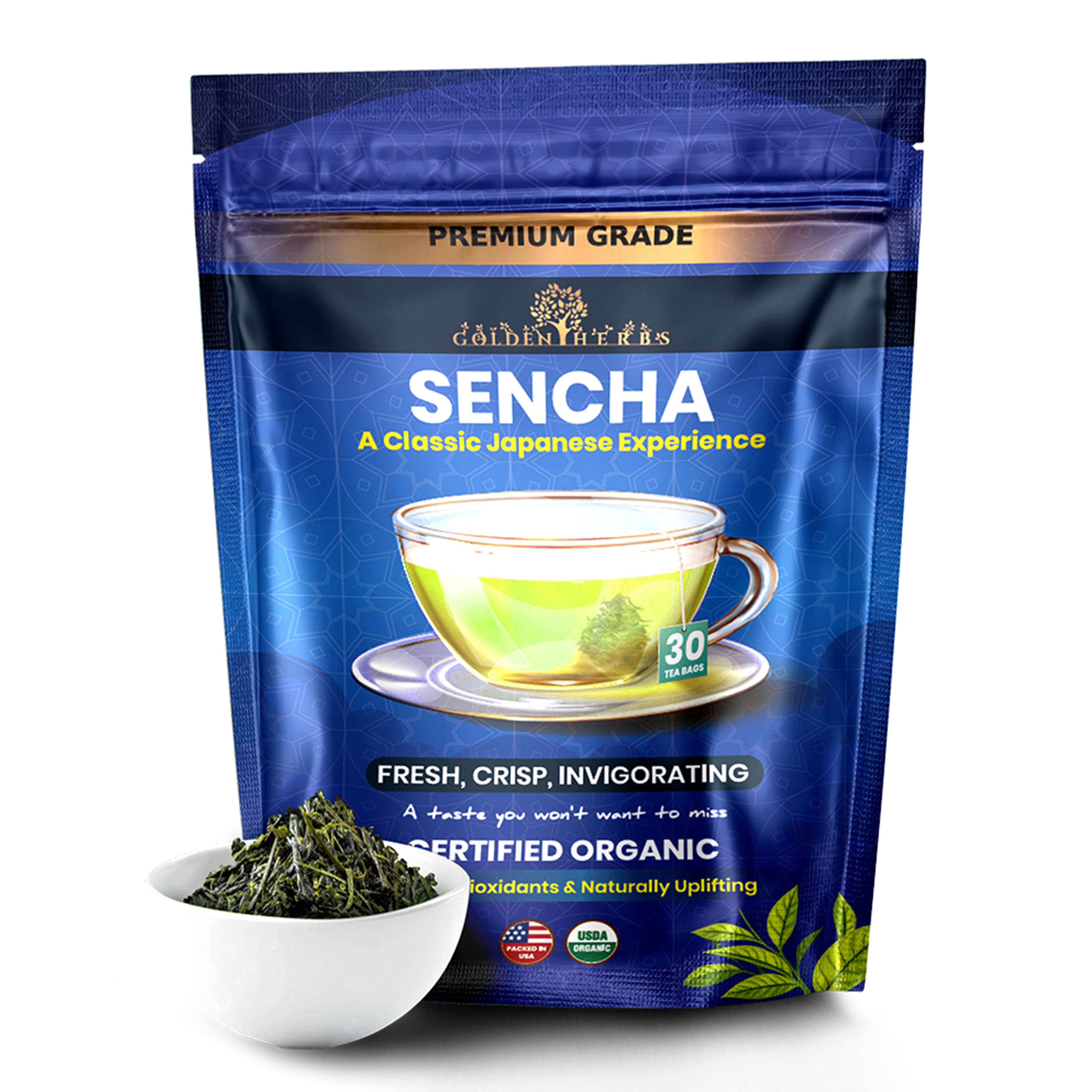 Golden Herbs USDA Organic Japanese Sencha Green Tea – 30 Tea Bags – Fresh & Smooth – Packed in USA