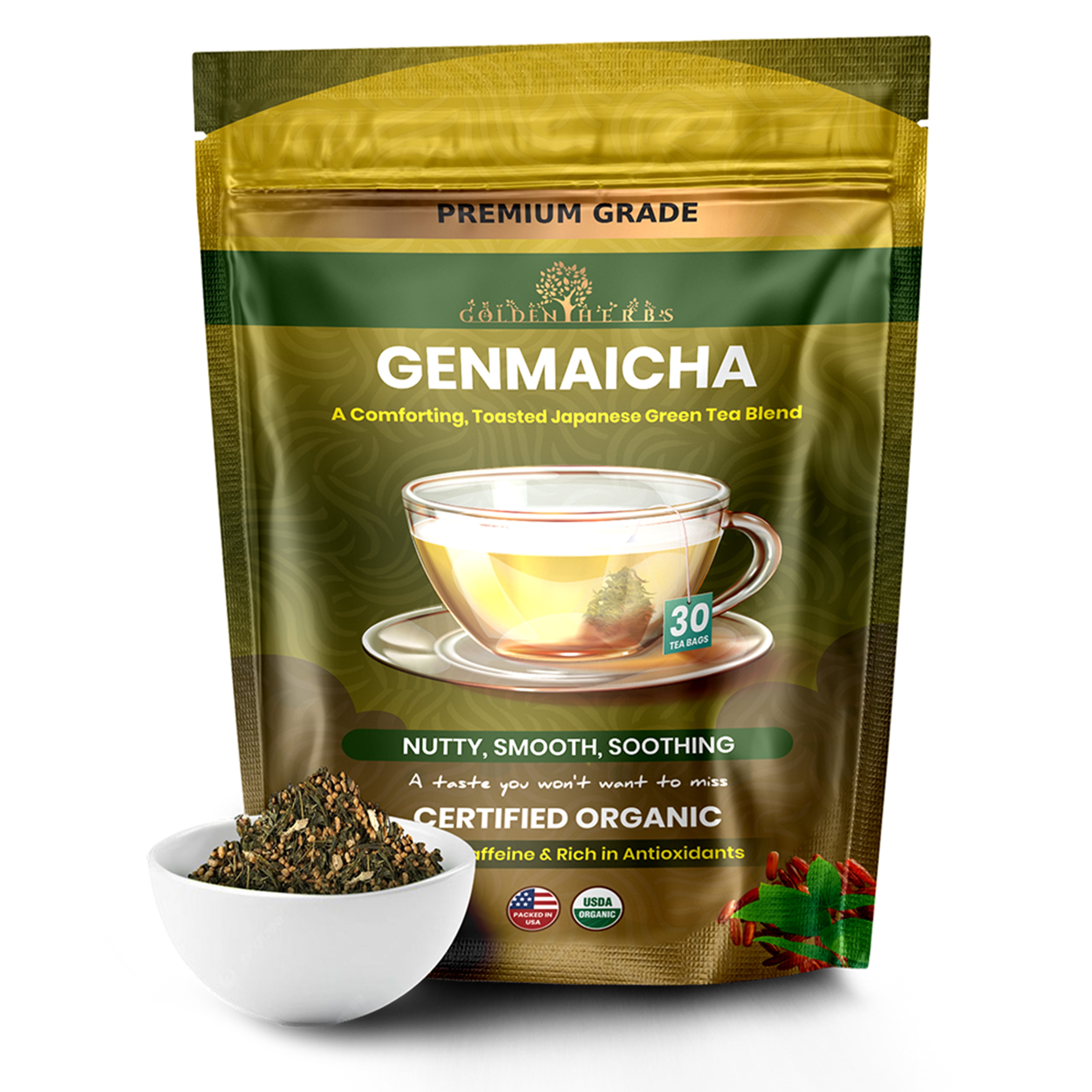 Golden Herbs USDA Organic Japanese Genmaicha Green Tea – Premium Roasted Brown Rice Blend – Nutty Flavor – 30 Tea Bags – Packed in USA