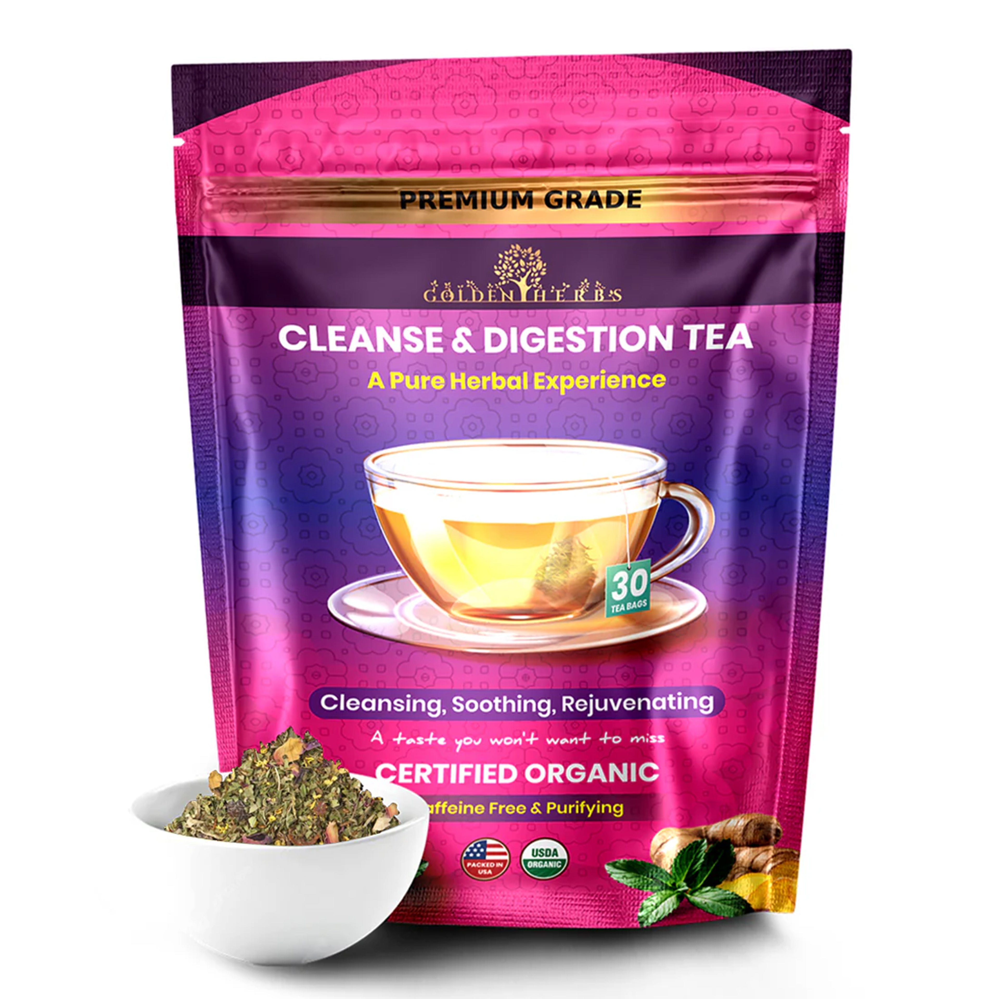 Golden Herbs USDA Organic Cleanse & Digestion Herbal Tea – Natural Detox & Gut Support – 30 Tea Bags – Caffeine-Free – Packed in USA