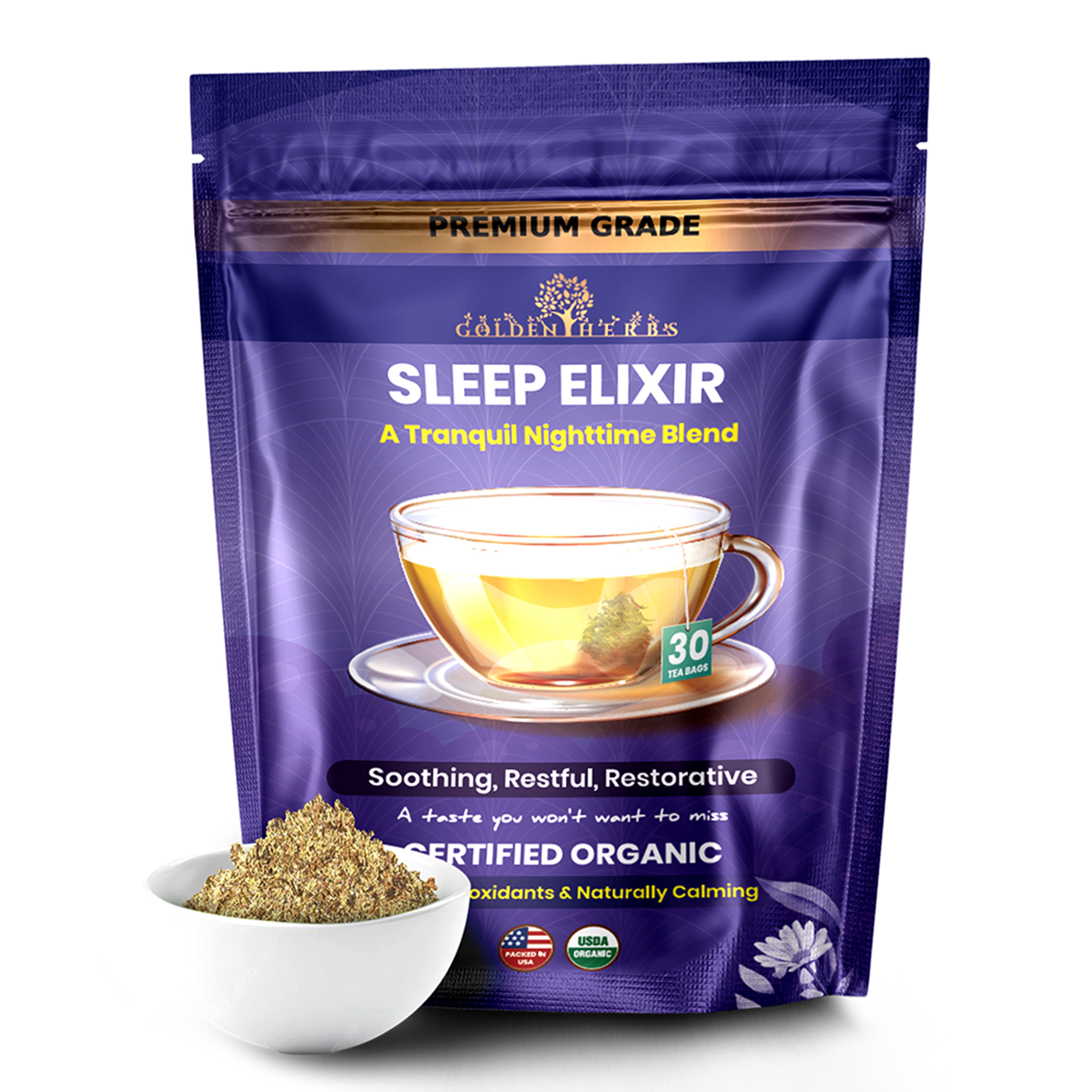 Golden Herbs USDA Organic Sleep Elixir Herbal Tea – Relaxing Bedtime Blend with Chamomile & Herbs – 30 Naturally Caffeine-Free Tea Bags – Packed in USA