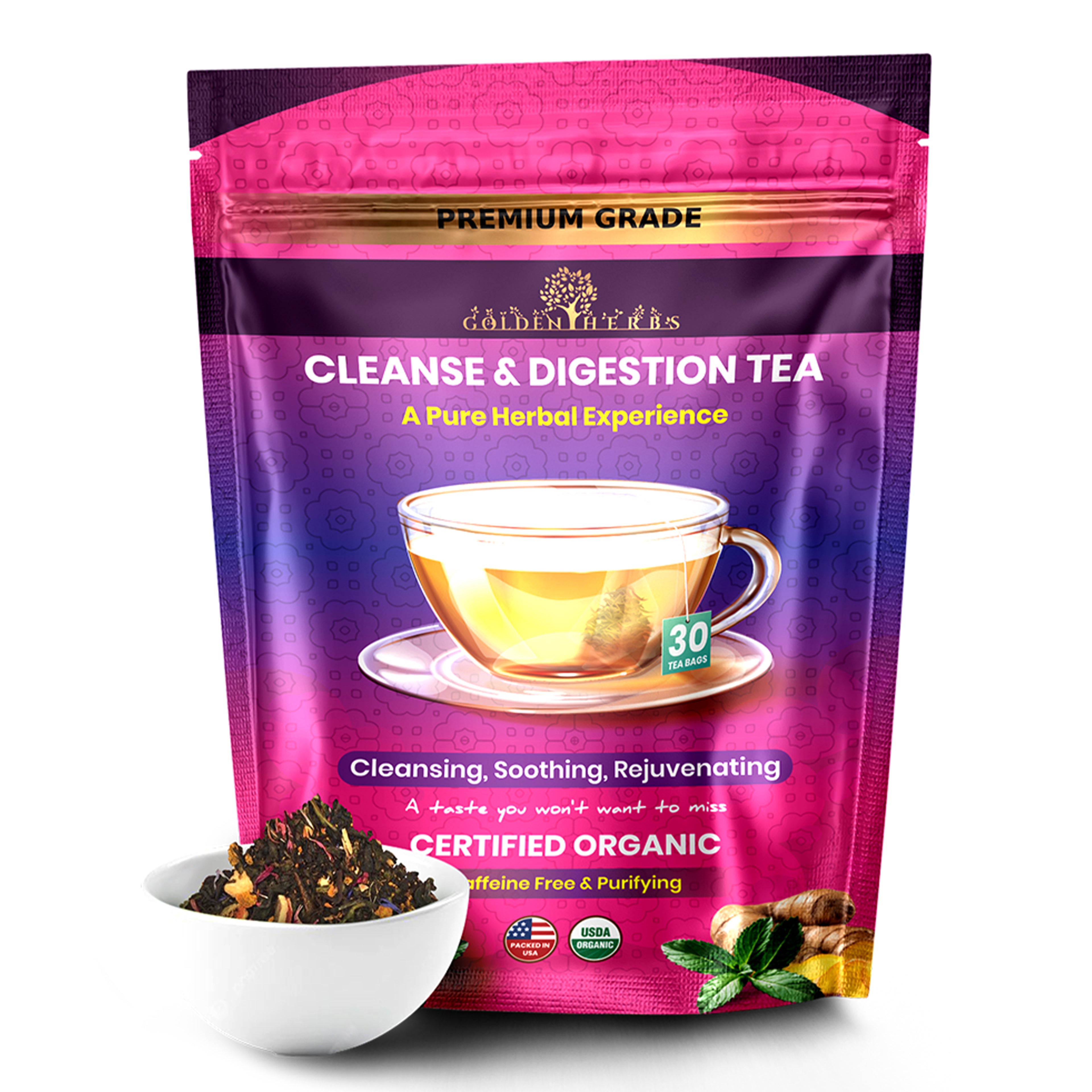 Golden Herbs USDA Organic Cleanse & Digestion Herbal Tea – Natural Detox & Gut Support – 30 Tea Bags – Caffeine-Free – Packed in the USA