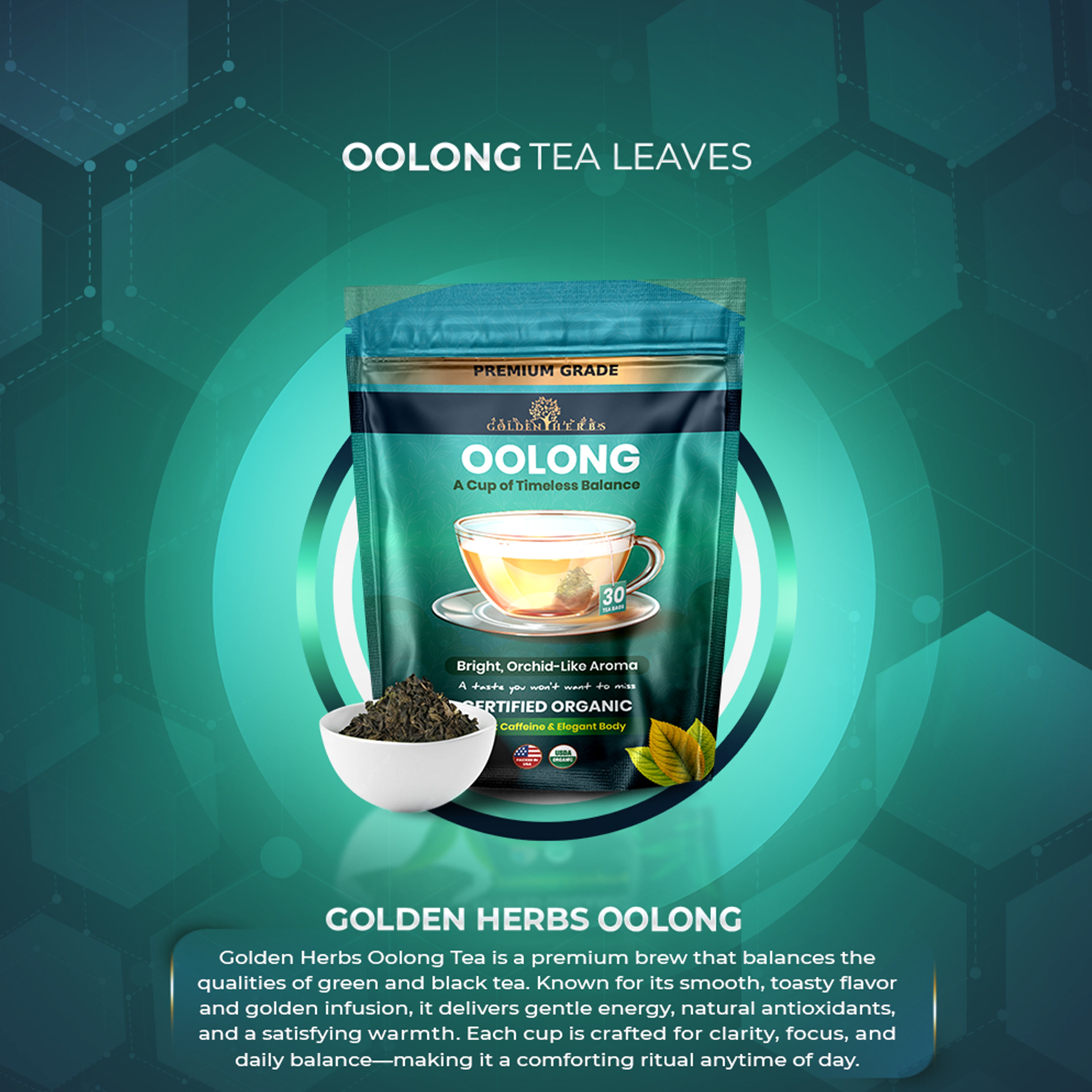 Golden Herbs USDA Organic Japanese Oolong Tea – Lightly Oxidized for Smooth Flavor & Aromatic Notes – 30 Tea Bags – Packed in USA