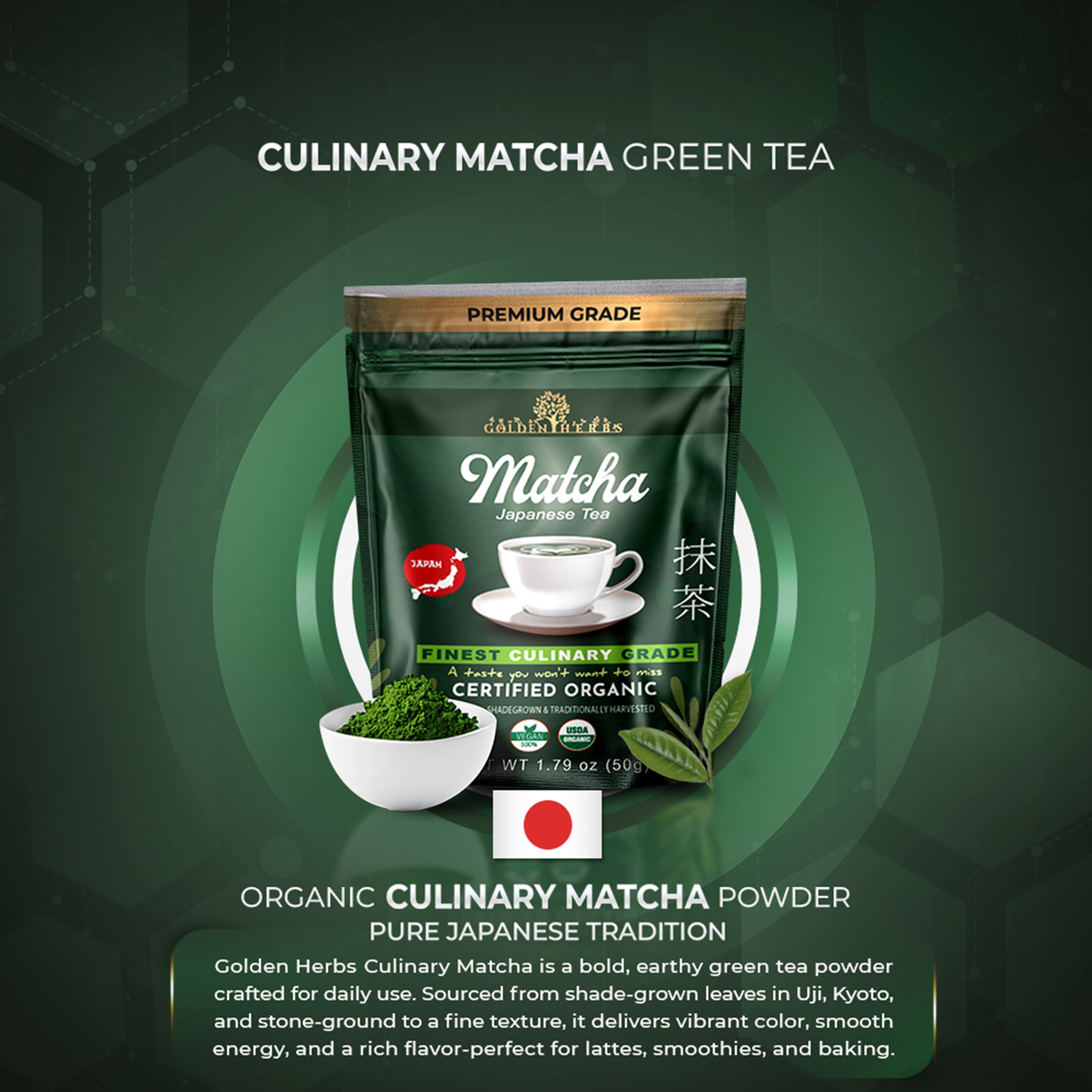 Golden Herbs USDA Organic Japanese Culinary Matcha Green Tea Powder – Smooth Flavor for Lattes, Baking & Smoothies – Packed in USA