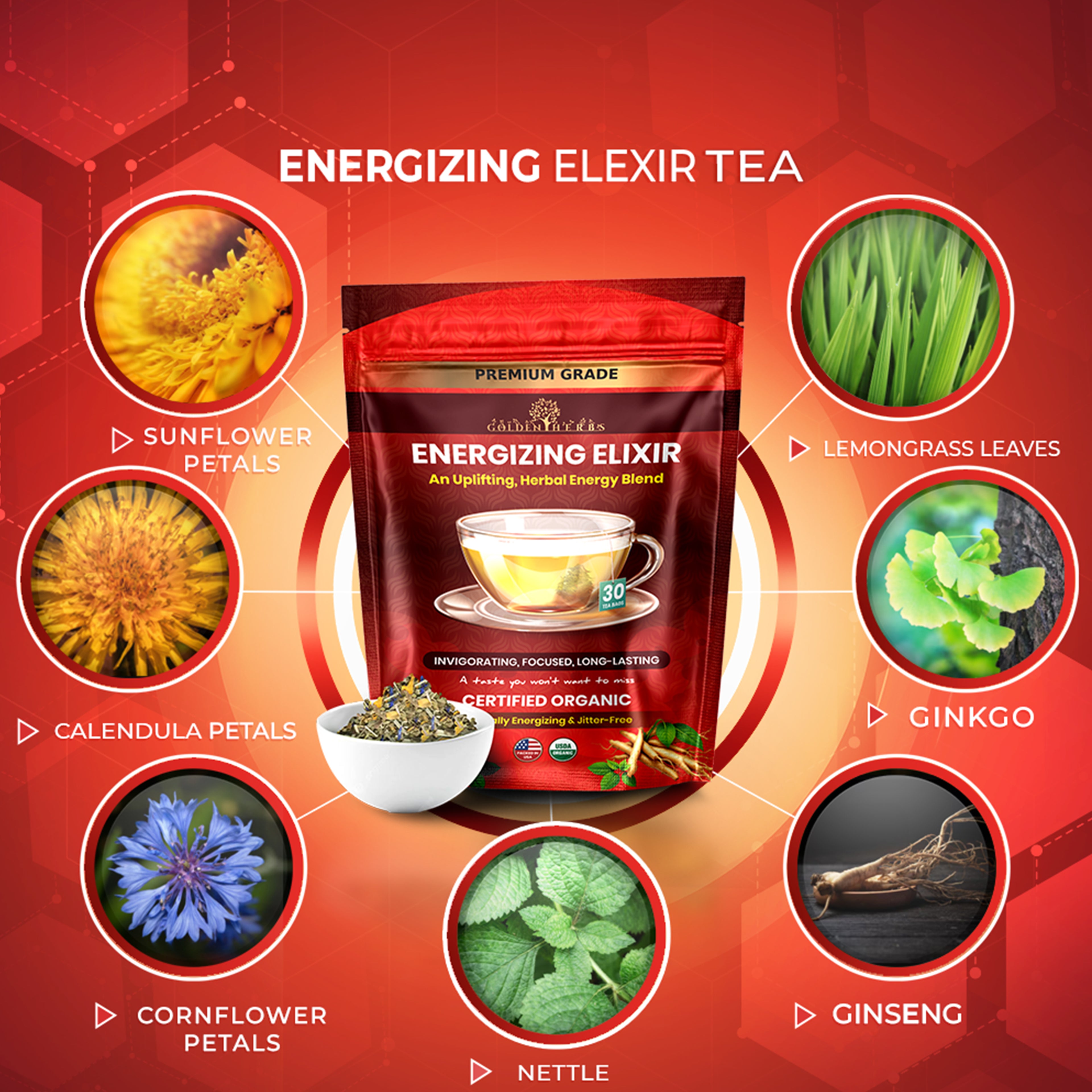 Golden Herbs USDA Organic Energizing Elixir Herbal Tea – Natural Energy & Focus Support – 30 Caffeine-Free Tea Bags – Packed in USA