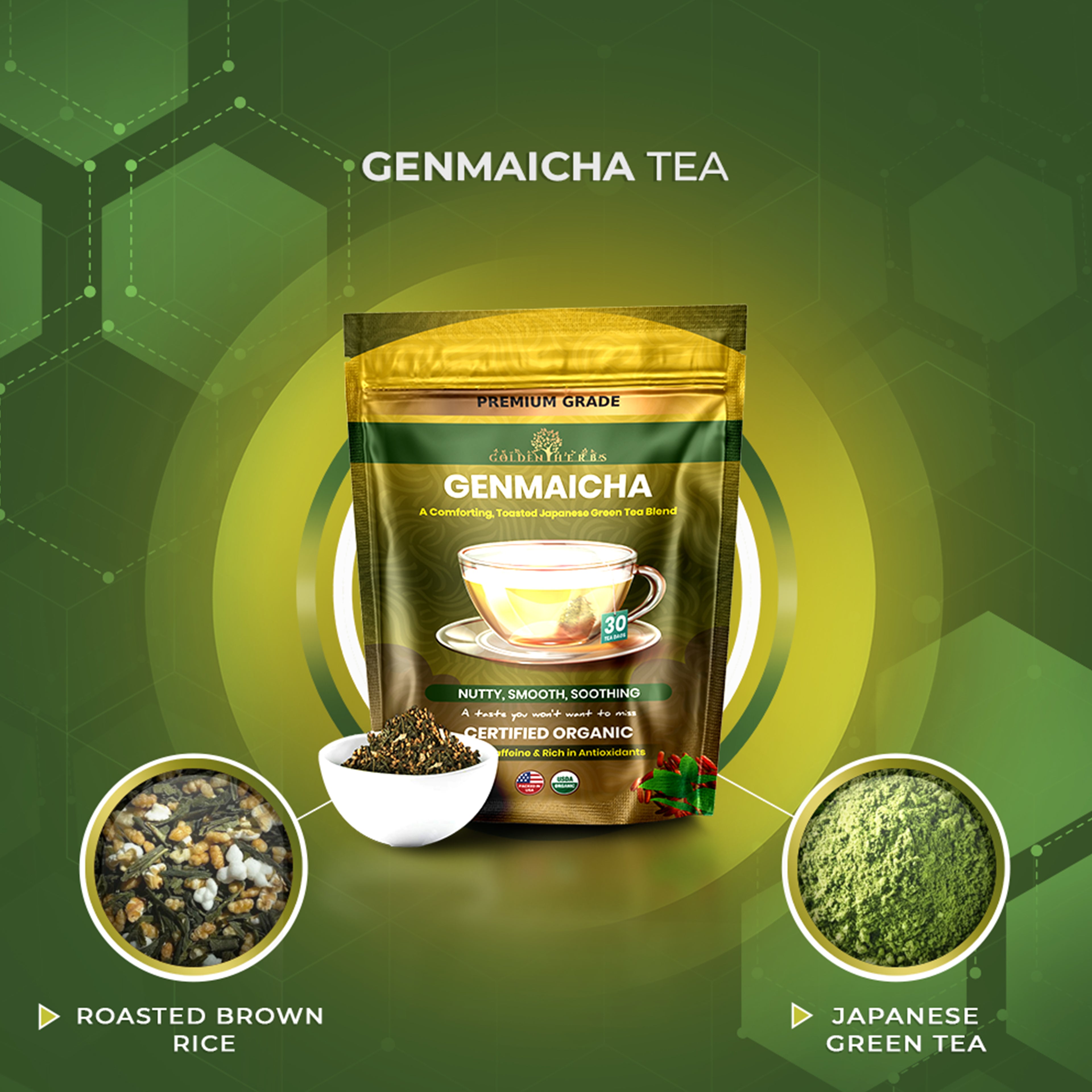 Golden Herbs USDA Organic Japanese Genmaicha Green Tea – Premium Roasted Brown Rice Blend – Nutty Flavor – 30 Tea Bags – Packed in USA