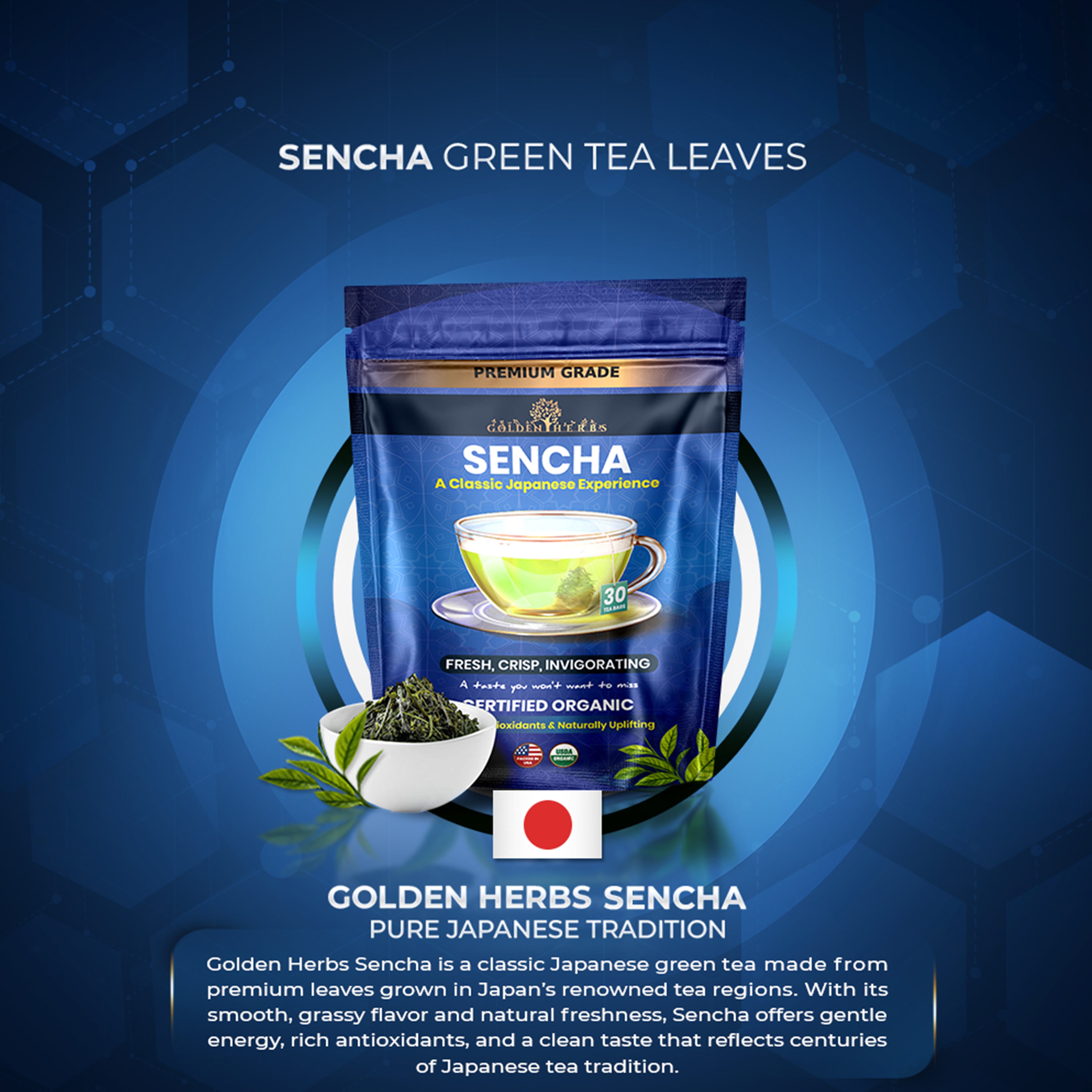 Golden Herbs USDA Organic Japanese Sencha Green Tea – 30 Tea Bags – Fresh & Smooth – Packed in USA