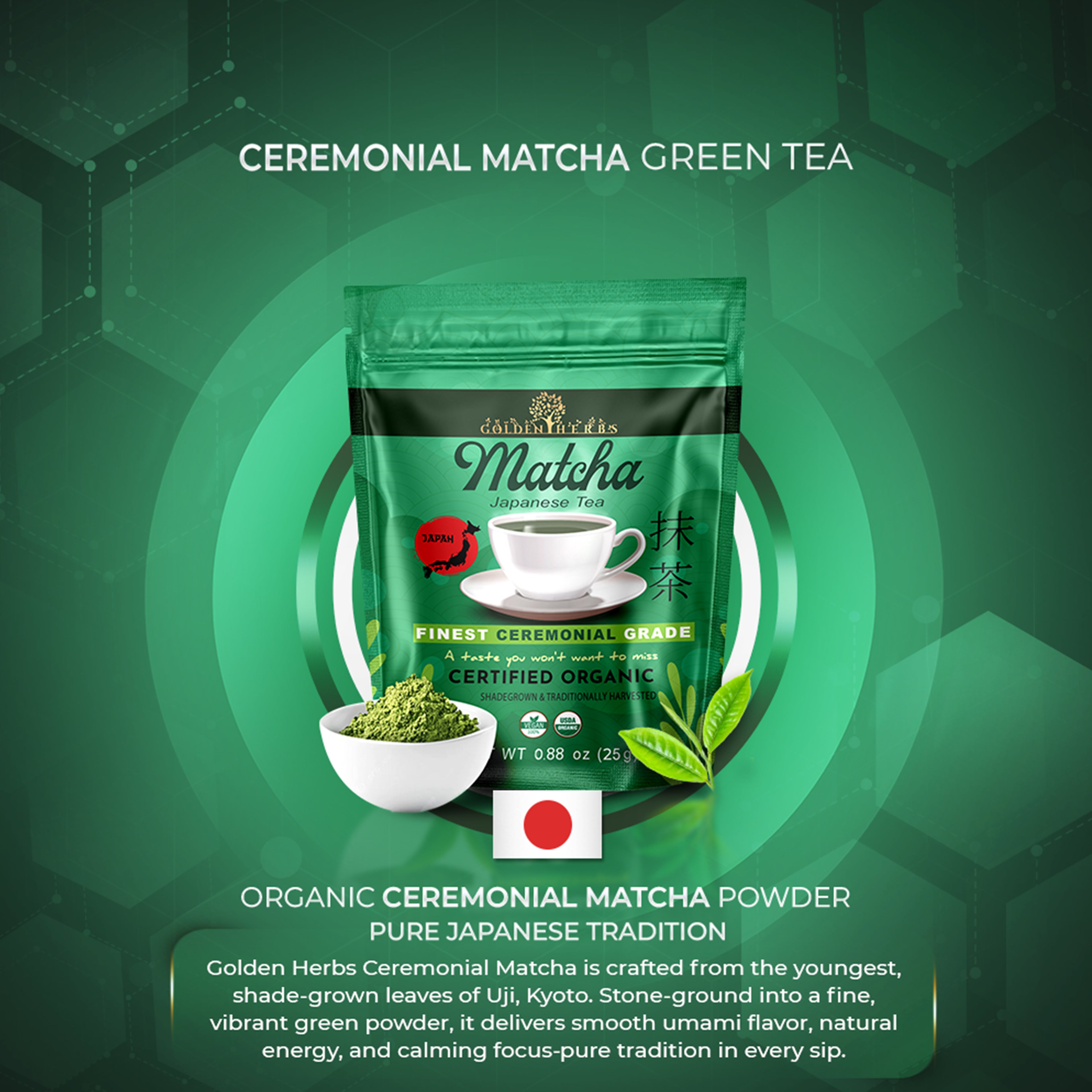 Golden Herbs USDA Organic Japanese Ceremonial Matcha Green Tea Powder – Premium Grade – Packed in USA