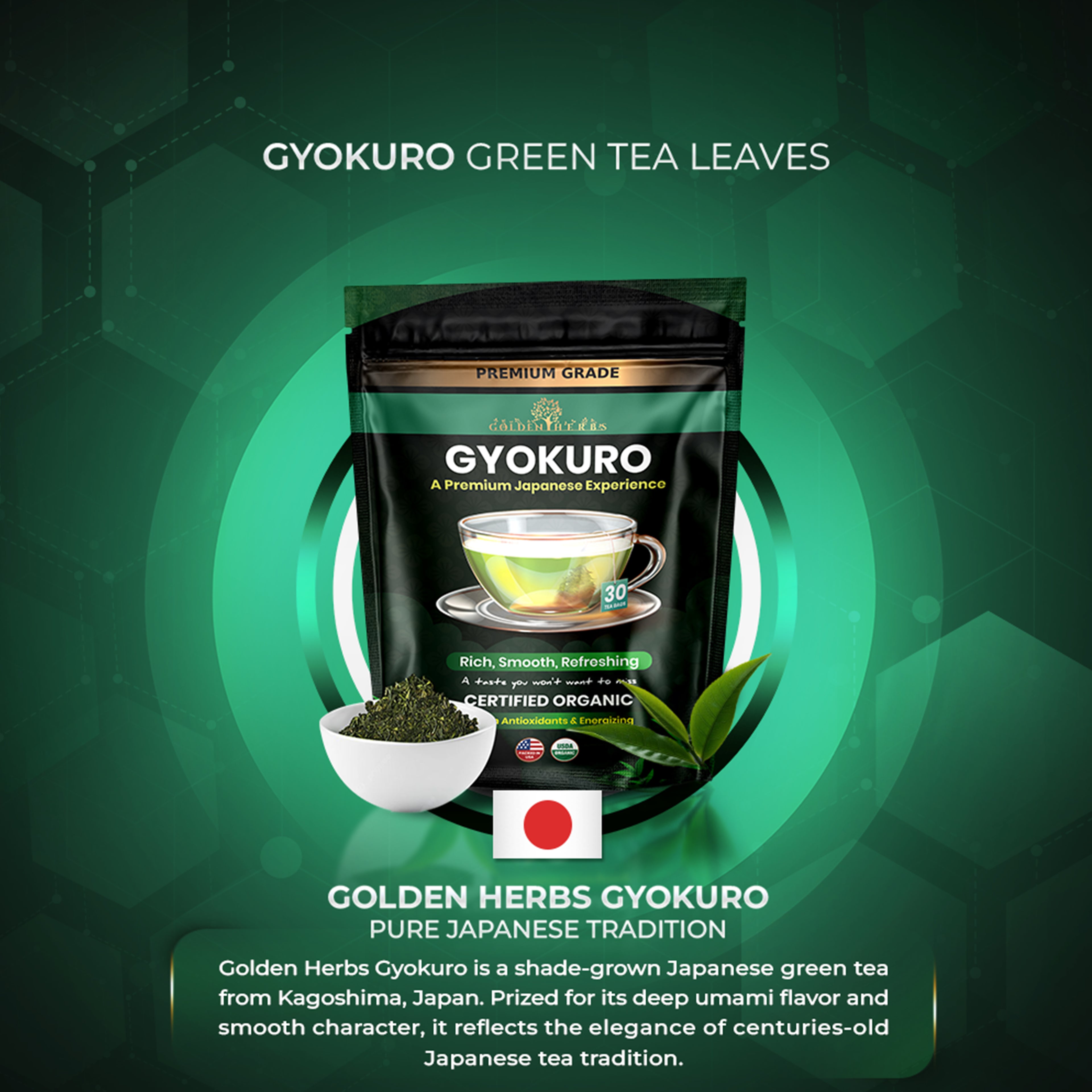 Golden Herbs USDA Organic Japanese Gyokuro Green Tea – Premium Shade-Grown Leaves – Rich Umami Flavor – 30 Tea Bags – Packed in USA