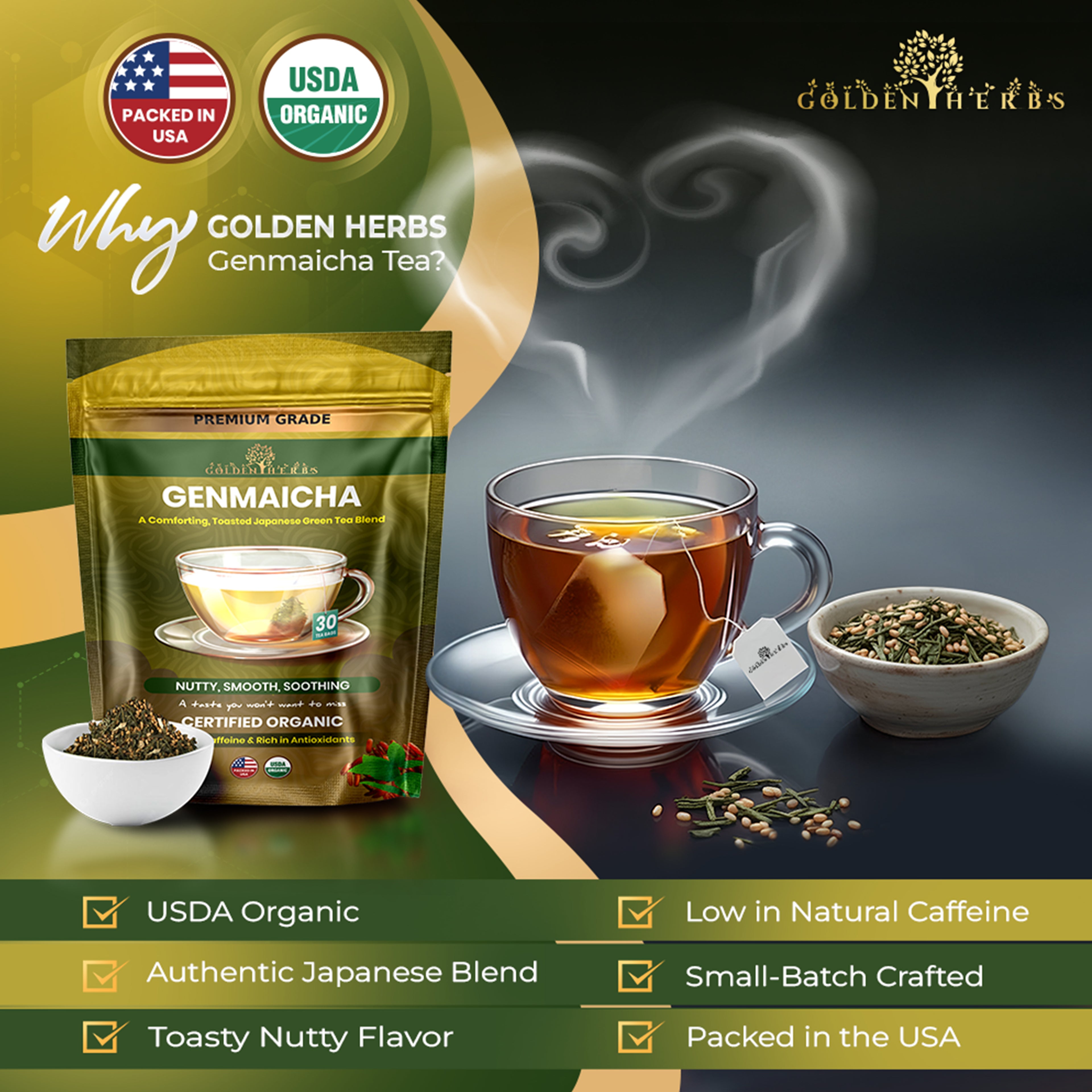 Golden Herbs USDA Organic Japanese Genmaicha Green Tea – Premium Roasted Brown Rice Blend – Nutty Flavor – 30 Tea Bags – Packed in USA