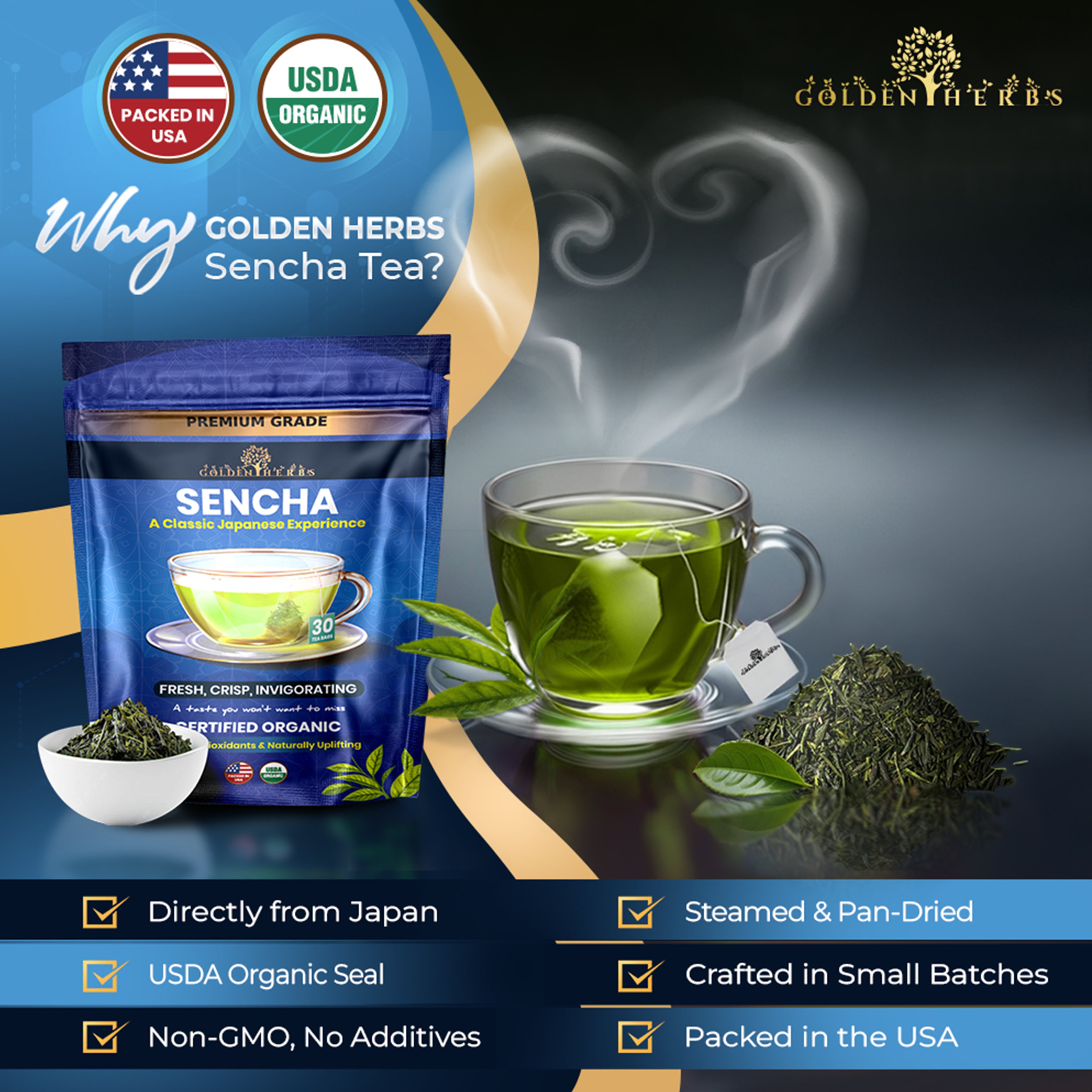 Golden Herbs USDA Organic Japanese Sencha Green Tea – 30 Tea Bags – Fresh & Smooth – Packed in USA