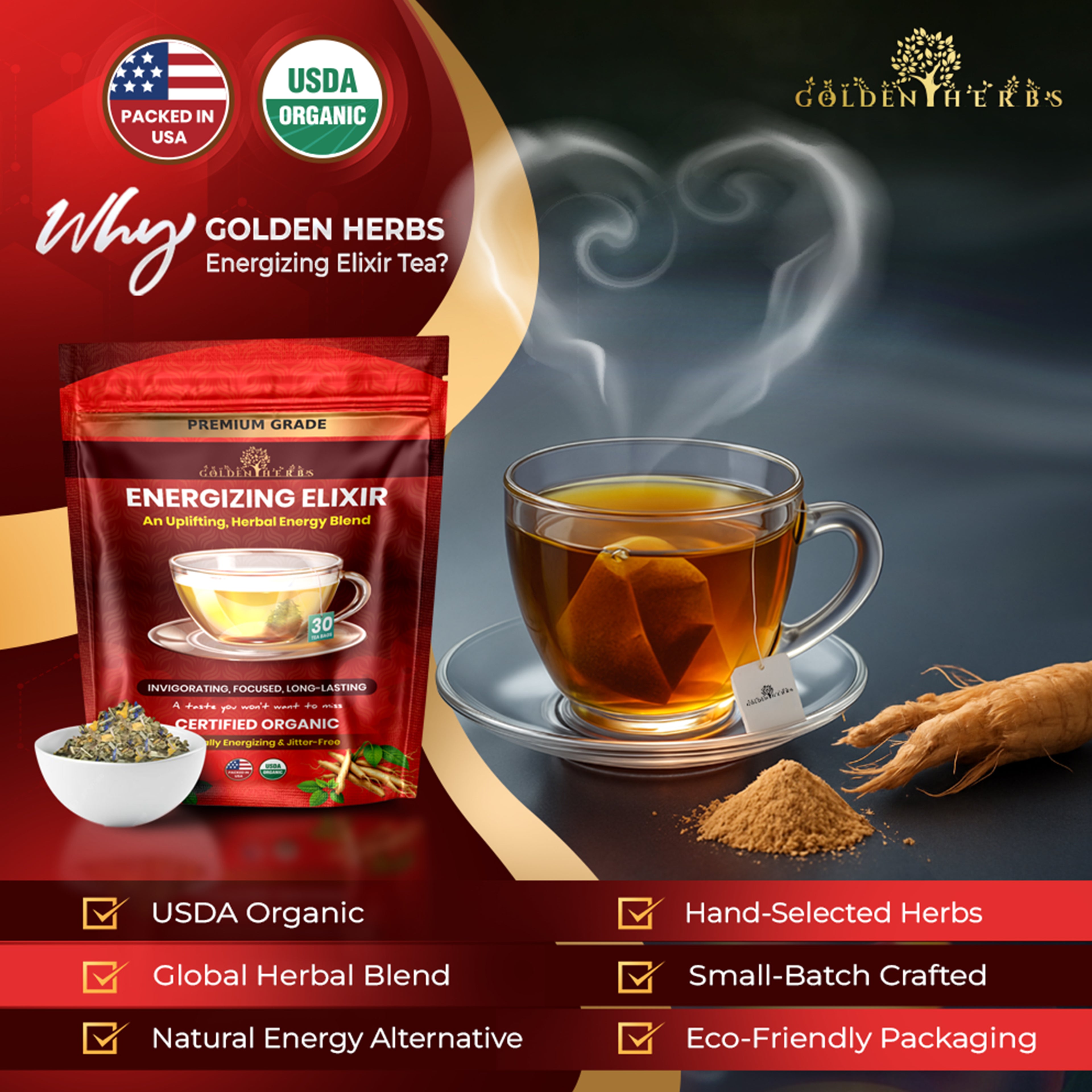 Golden Herbs USDA Organic Energizing Elixir Herbal Tea – Natural Energy & Focus Support – 30 Caffeine-Free Tea Bags – Packed in USA