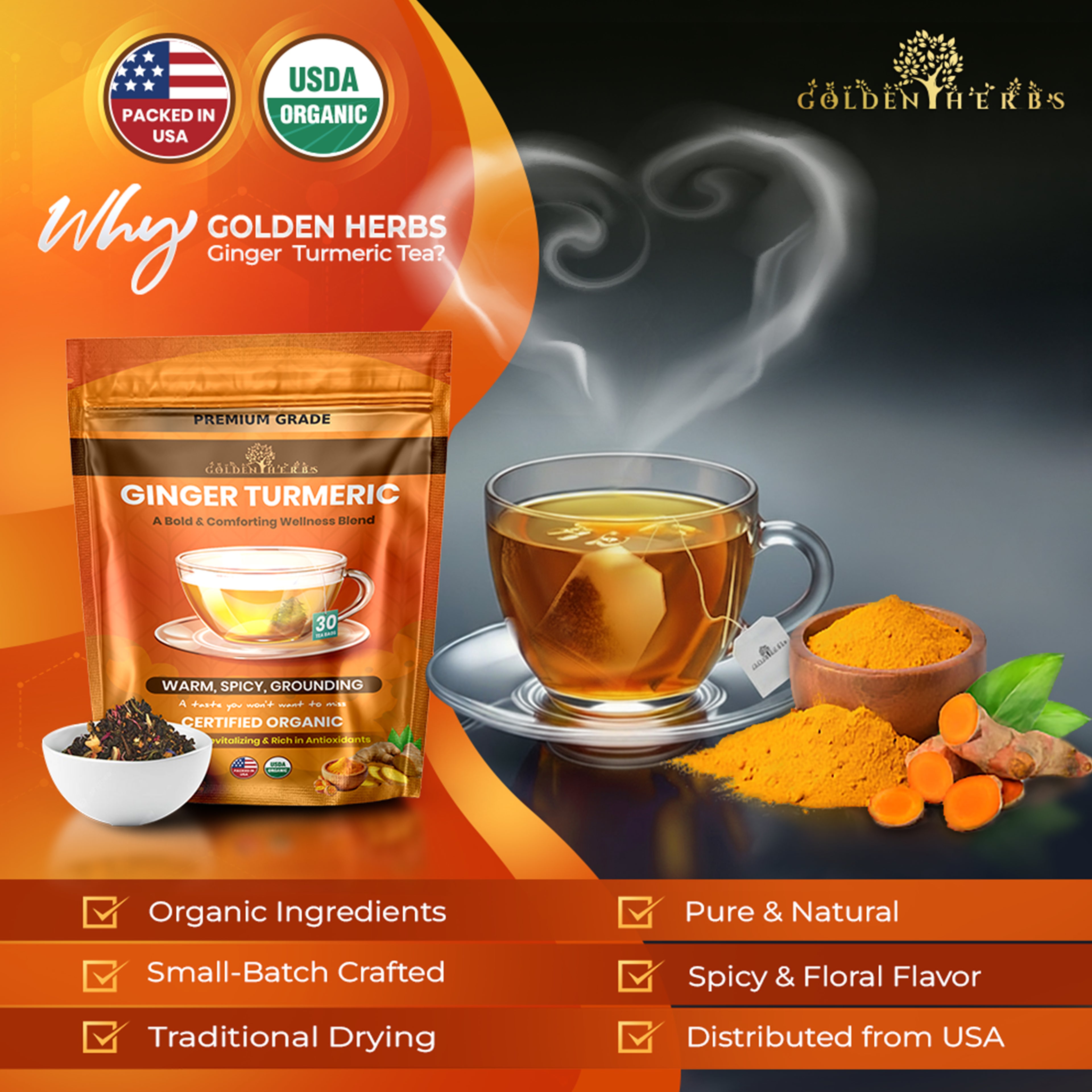 Golden Herbs USDA Organic Ginger Turmeric Herbal Tea – 30 Tea Bags – Warming, Anti-Inflammatory & Immune Support – Packed in USA