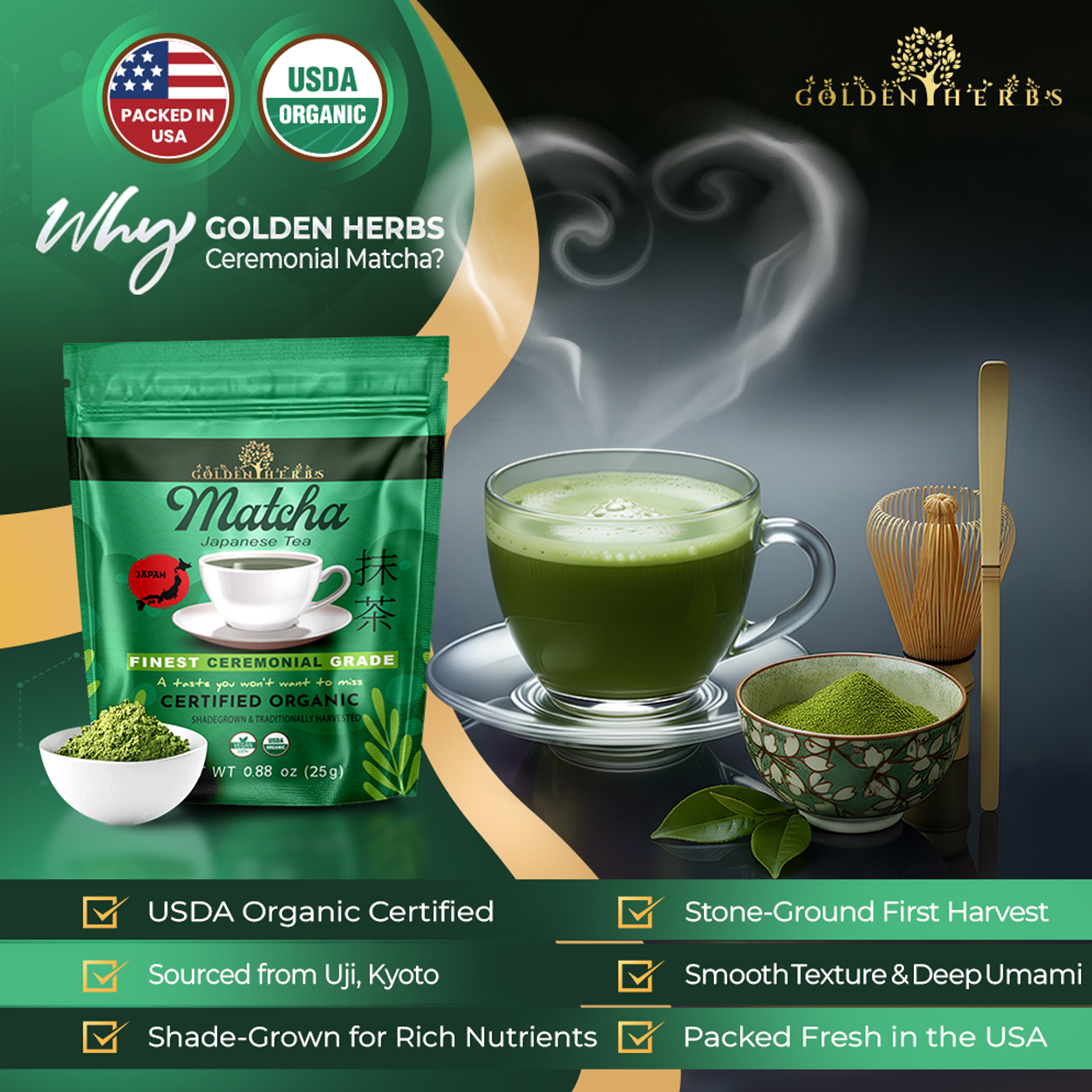 Golden Herbs USDA Organic Japanese Ceremonial Matcha Green Tea Powder – Premium Grade – Packed in USA