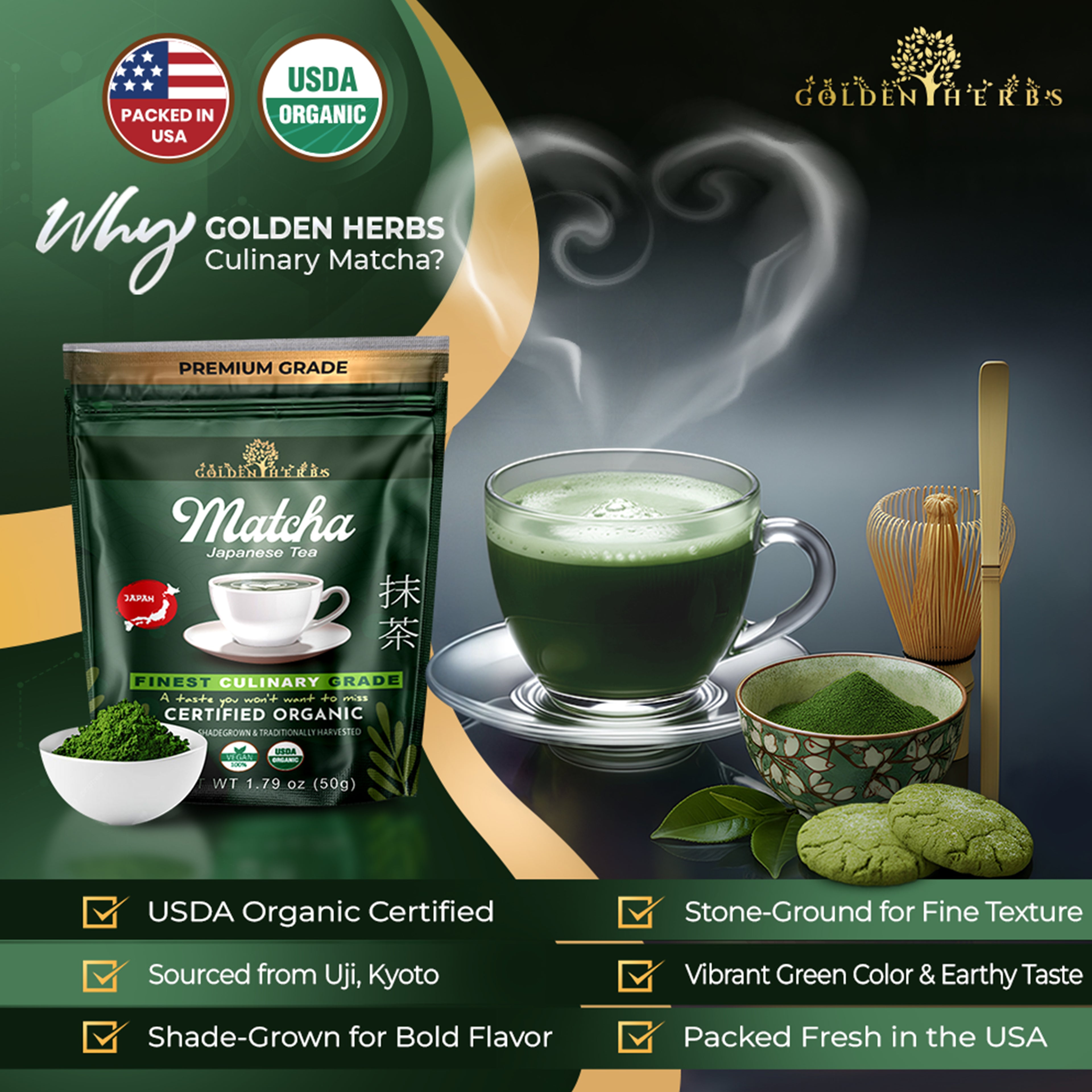 Golden Herbs USDA Organic Japanese Culinary Matcha Green Tea Powder – Smooth Flavor for Lattes, Baking & Smoothies – Packed in USA