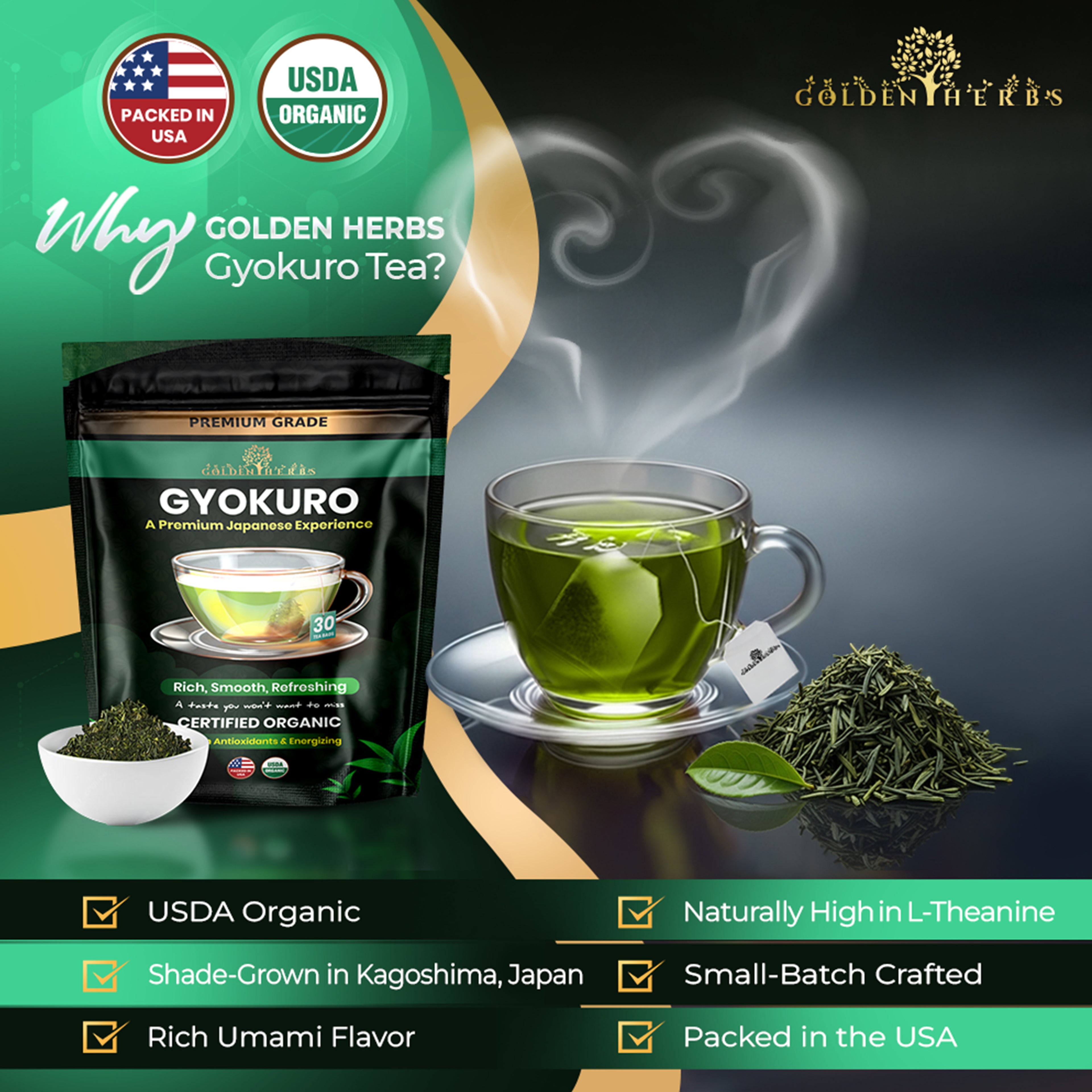 Golden Herbs USDA Organic Japanese Gyokuro Green Tea – Premium Shade-Grown Leaves – Rich Umami Flavor – 30 Tea Bags – Packed in USA