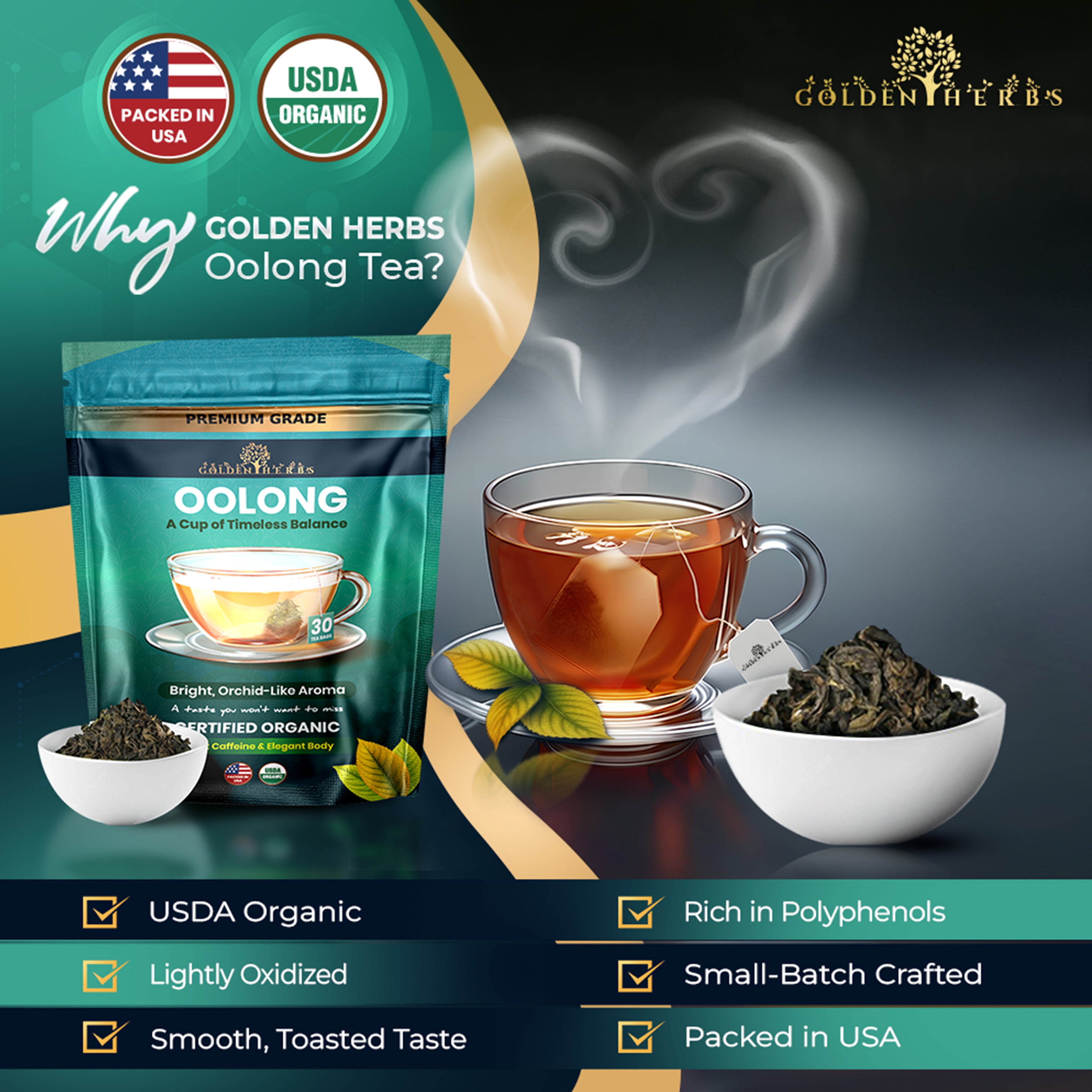 Golden Herbs USDA Organic Japanese Oolong Tea – Lightly Oxidized for Smooth Flavor & Aromatic Notes – 30 Tea Bags – Packed in USA