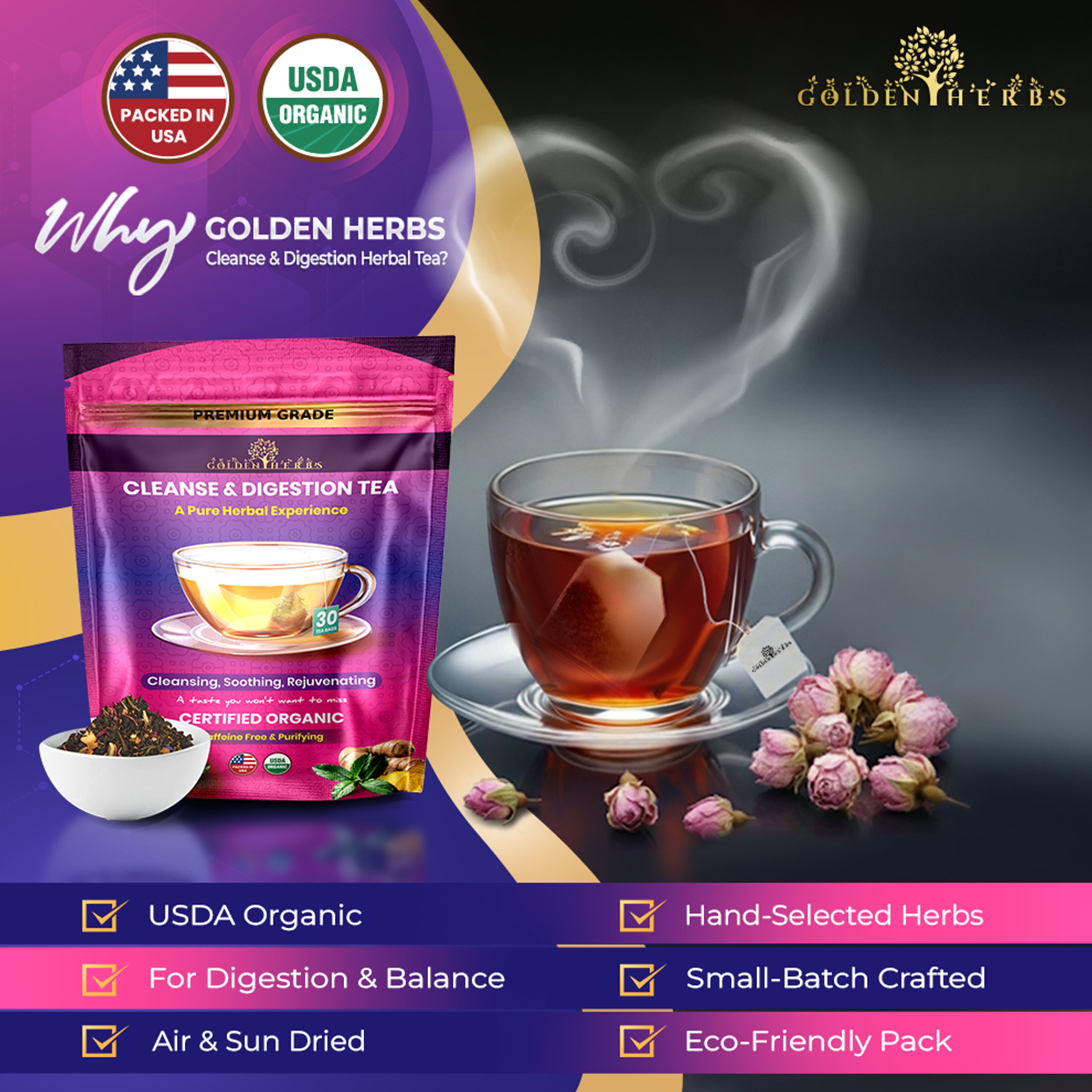Golden Herbs USDA Organic Cleanse & Digestion Herbal Tea – Natural Detox & Gut Support – 30 Tea Bags – Caffeine-Free – Packed in USA