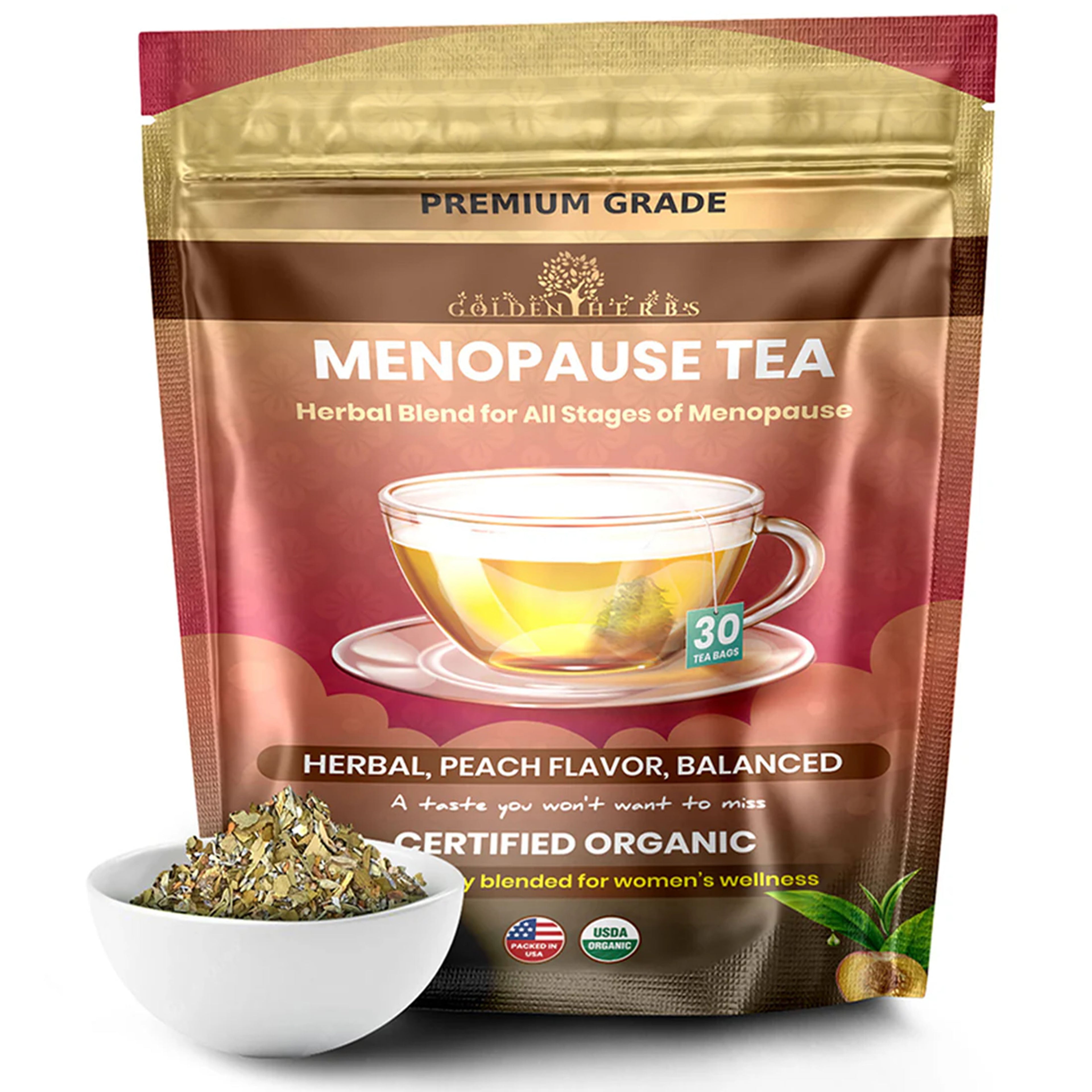 Golden Herbs USDA Organic Menopause Wellness Herbal Tea – 30 Caffeine-Free Tea Bags – Soothing Blend for Comfort & Balance – Packed in USA