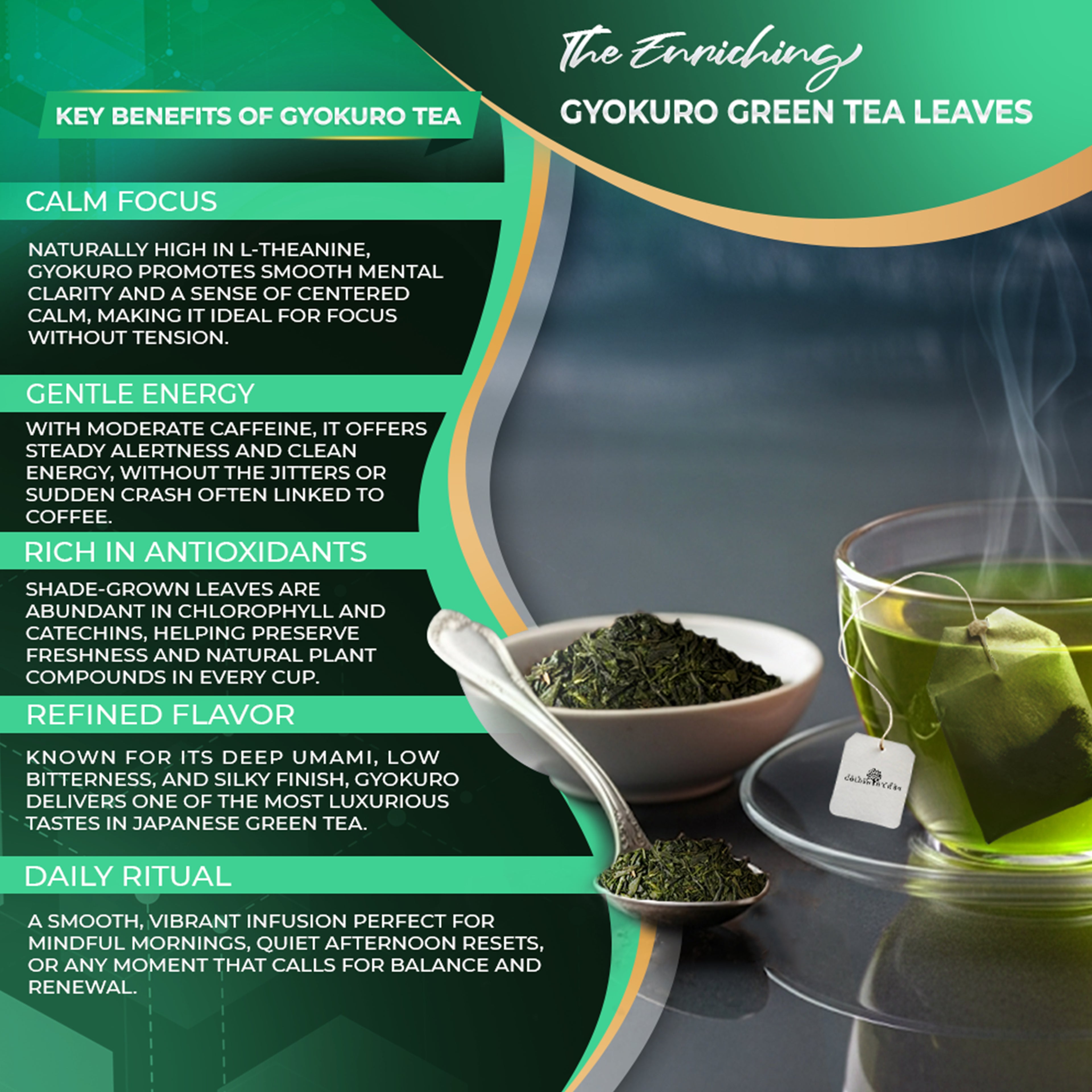 Golden Herbs USDA Organic Japanese Gyokuro Green Tea – Premium Shade-Grown Leaves – Rich Umami Flavor – 30 Tea Bags – Packed in USA