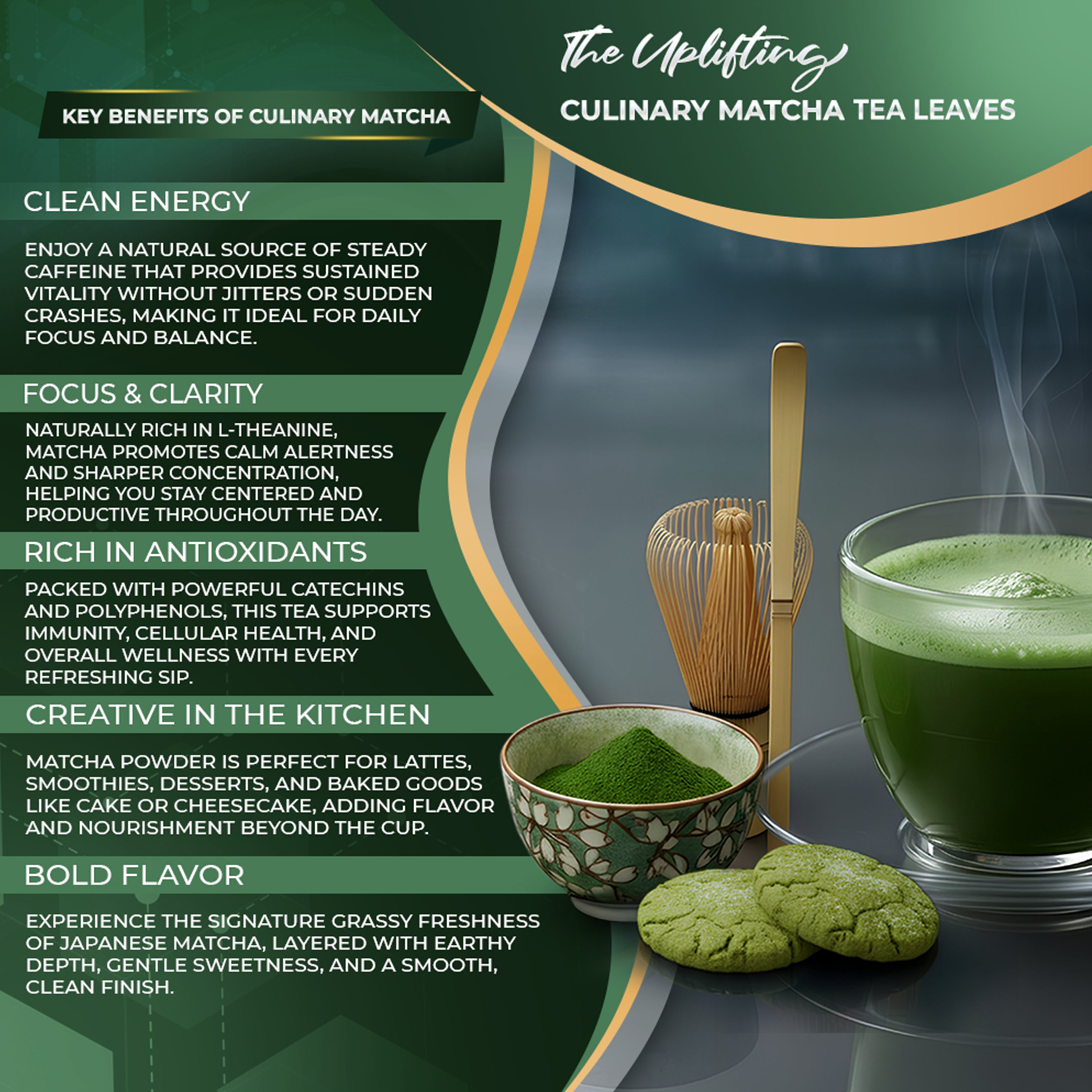 Golden Herbs USDA Organic Japanese Culinary Matcha Green Tea Powder – Smooth Flavor for Lattes, Baking & Smoothies – Packed in USA