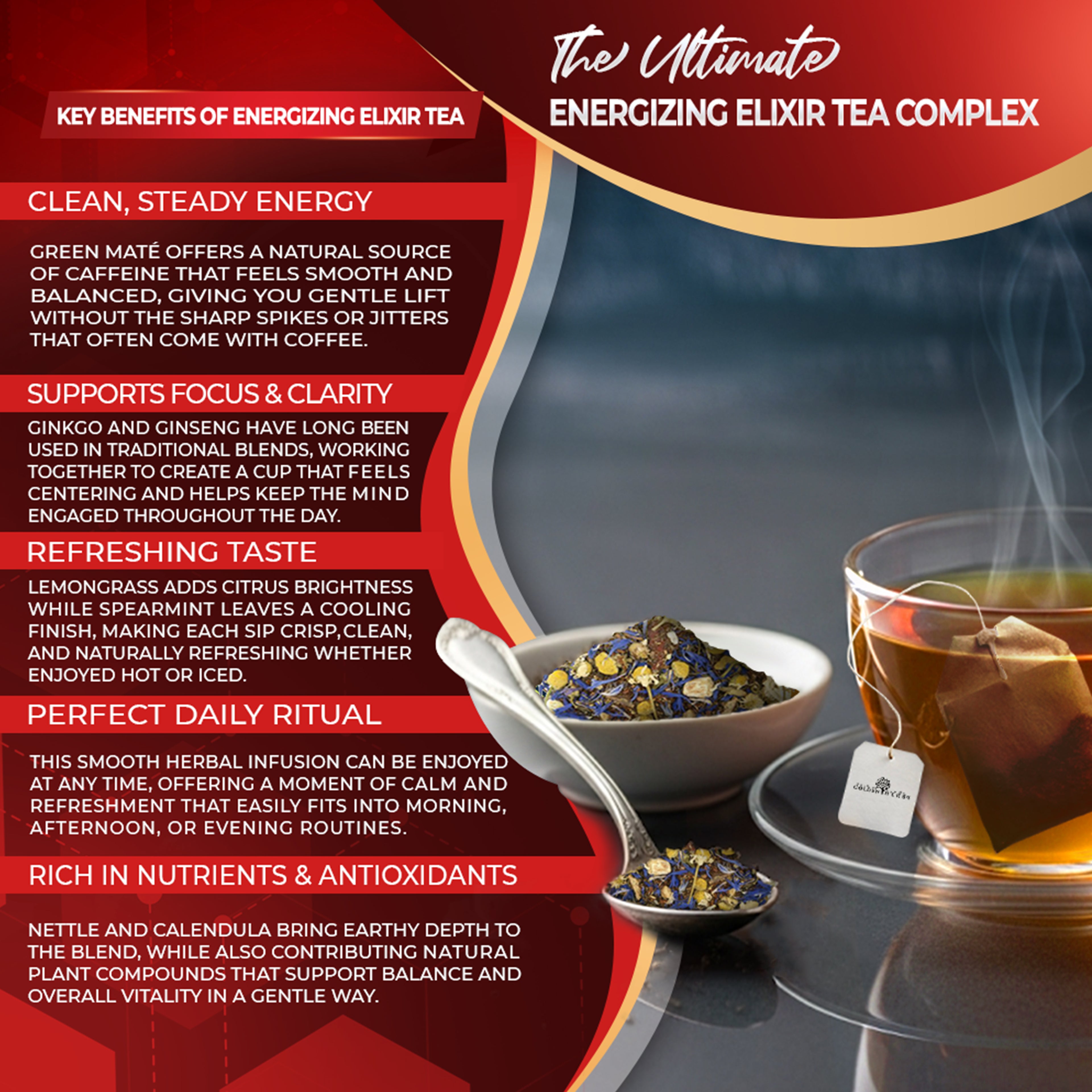 Golden Herbs USDA Organic Energizing Elixir Herbal Tea – Natural Energy & Focus Support – 30 Caffeine-Free Tea Bags – Packed in USA