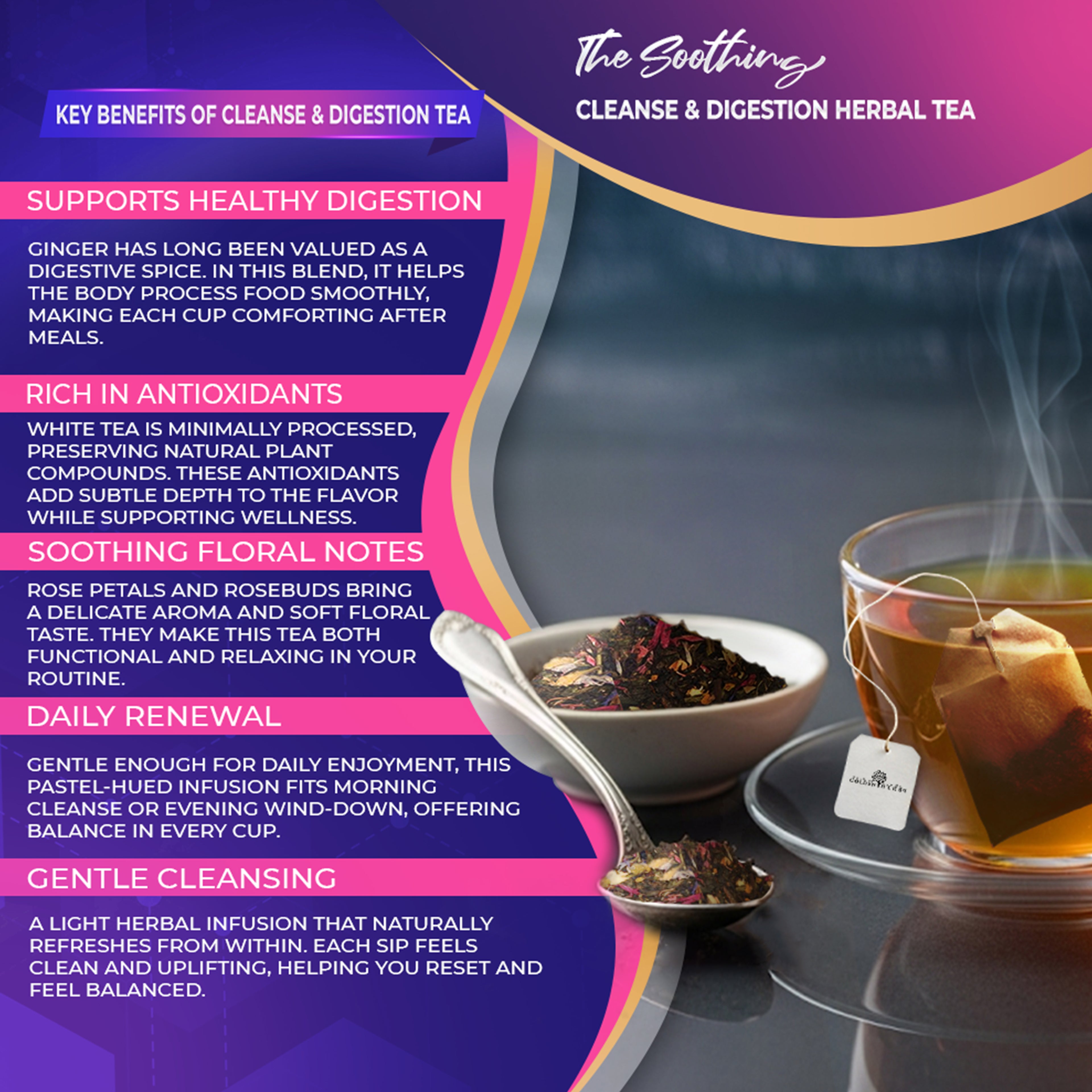 Golden Herbs USDA Organic Cleanse & Digestion Herbal Tea – Natural Detox & Gut Support – 30 Tea Bags – Caffeine-Free – Packed in USA