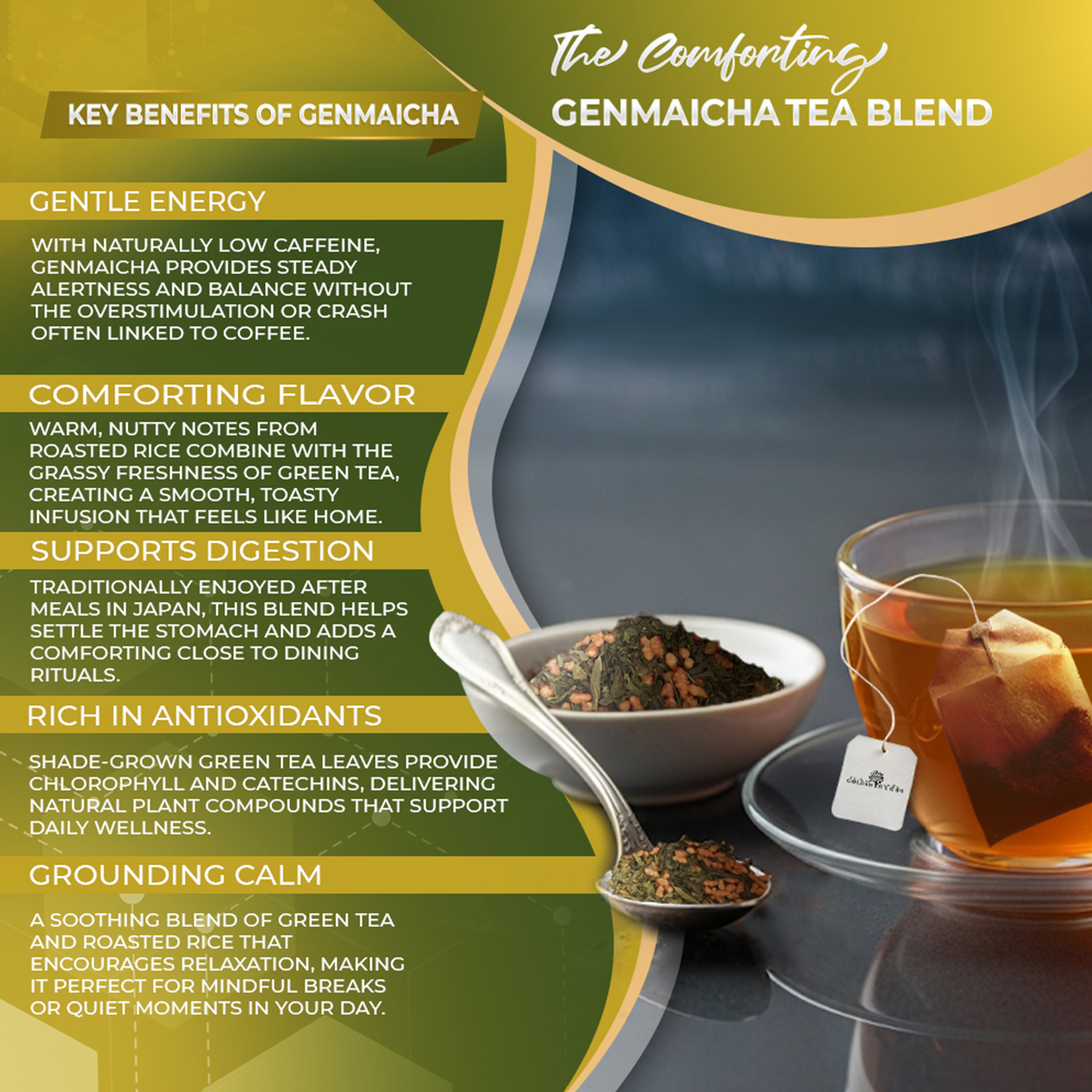 Golden Herbs USDA Organic Japanese Genmaicha Green Tea – Premium Roasted Brown Rice Blend – Nutty Flavor – 30 Tea Bags – Packed in USA