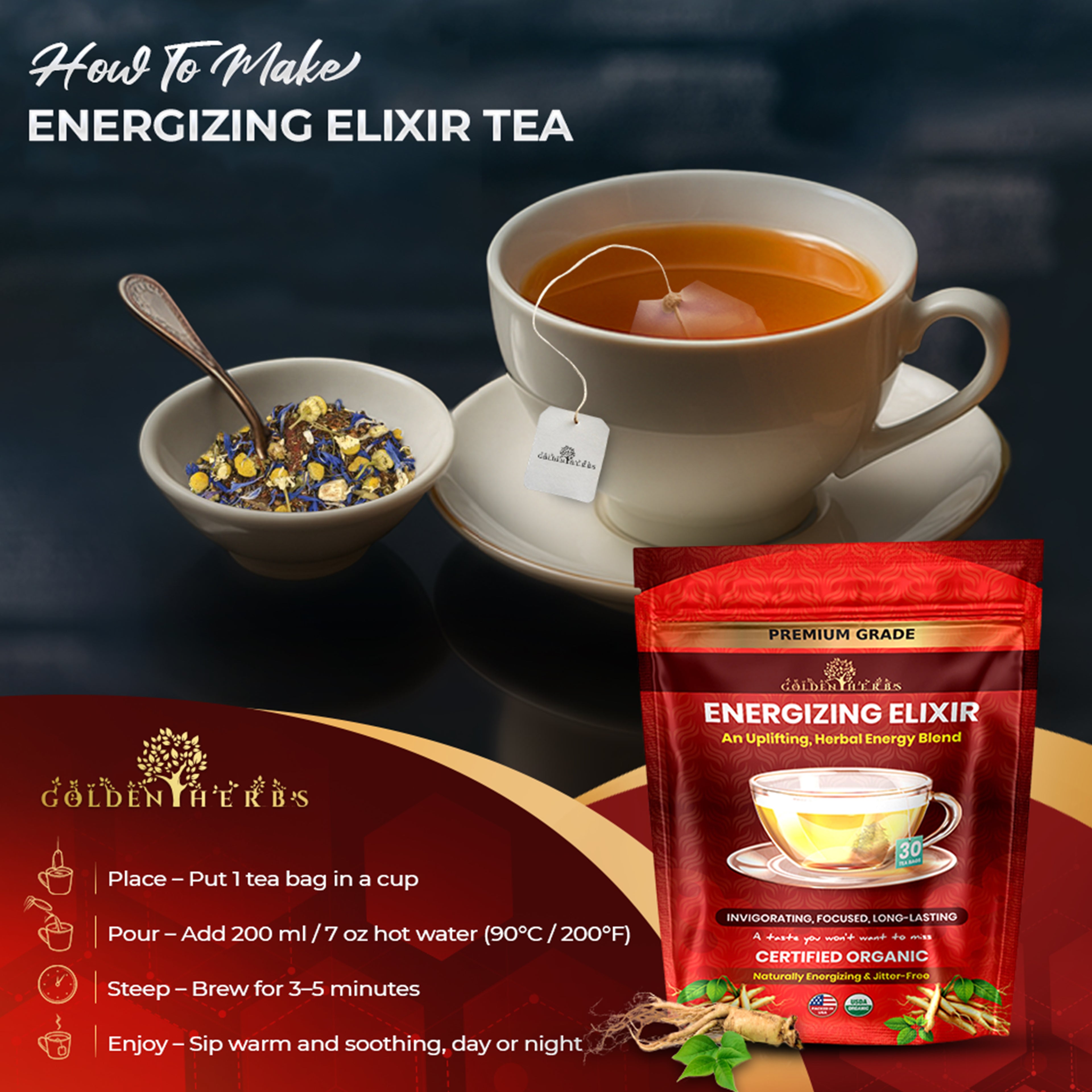 Golden Herbs USDA Organic Energizing Elixir Herbal Tea – Natural Energy & Focus Support – 30 Caffeine-Free Tea Bags – Packed in USA
