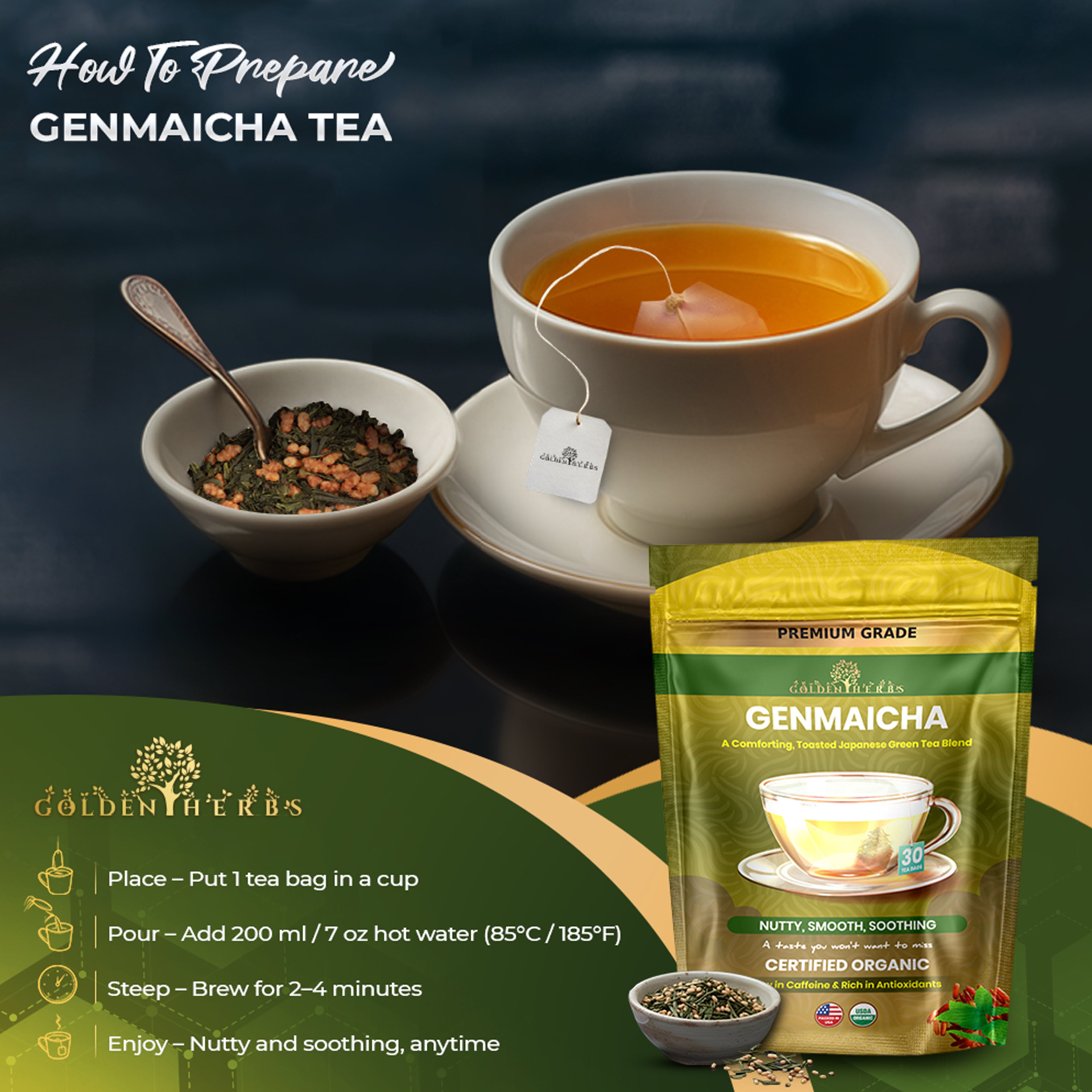 Golden Herbs USDA Organic Japanese Genmaicha Green Tea – Premium Roasted Brown Rice Blend – Nutty Flavor – 30 Tea Bags – Packed in USA