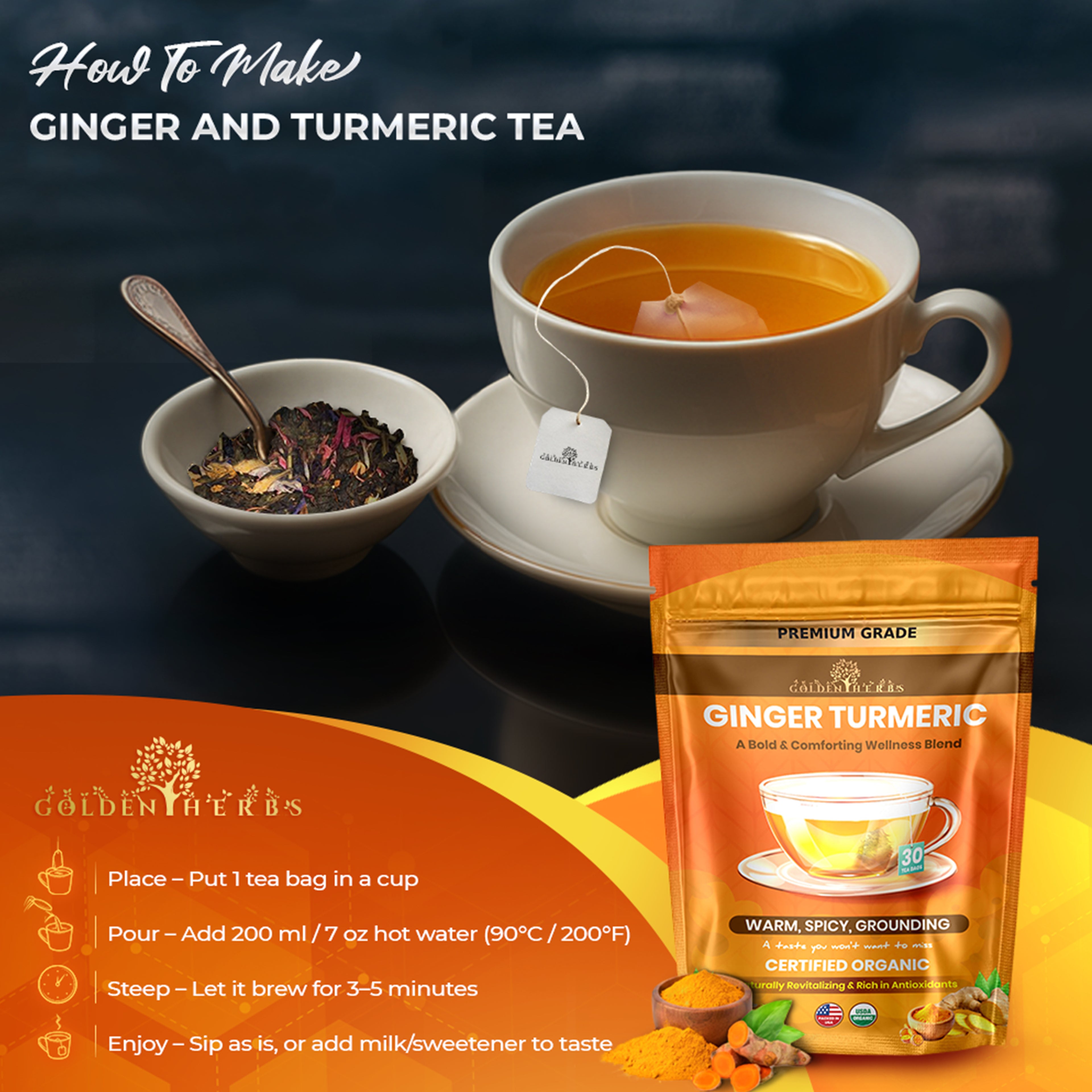 Golden Herbs USDA Organic Ginger Turmeric Herbal Tea – 30 Tea Bags – Warming, Anti-Inflammatory & Immune Support – Packed in USA