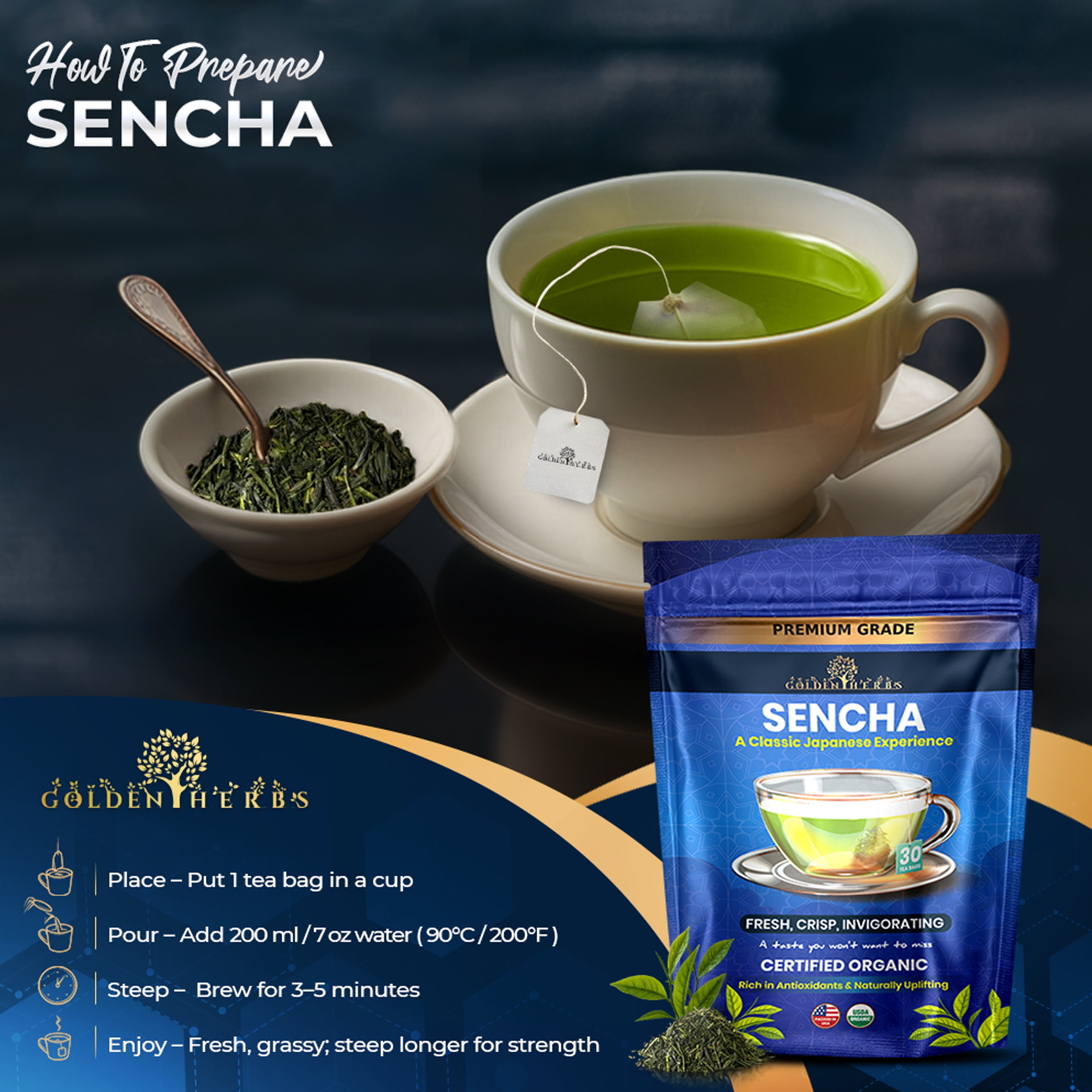 Golden Herbs USDA Organic Japanese Sencha Green Tea – 30 Tea Bags – Fresh & Smooth – Packed in USA