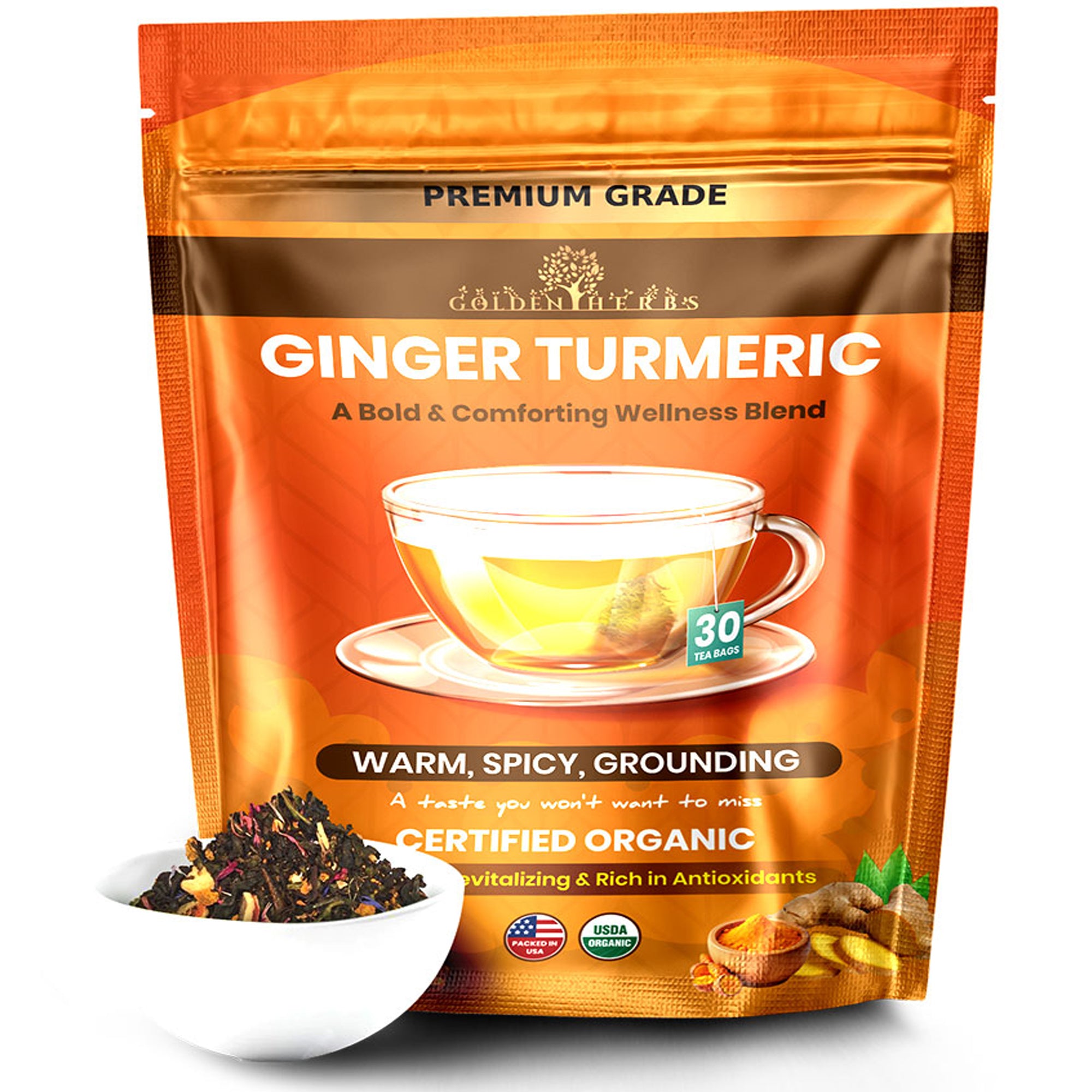Golden Herbs USDA Organic Ginger Turmeric Herbal Tea – 30 Tea Bags – Warming, Anti-Inflammatory & Immune Support – Packed in USA