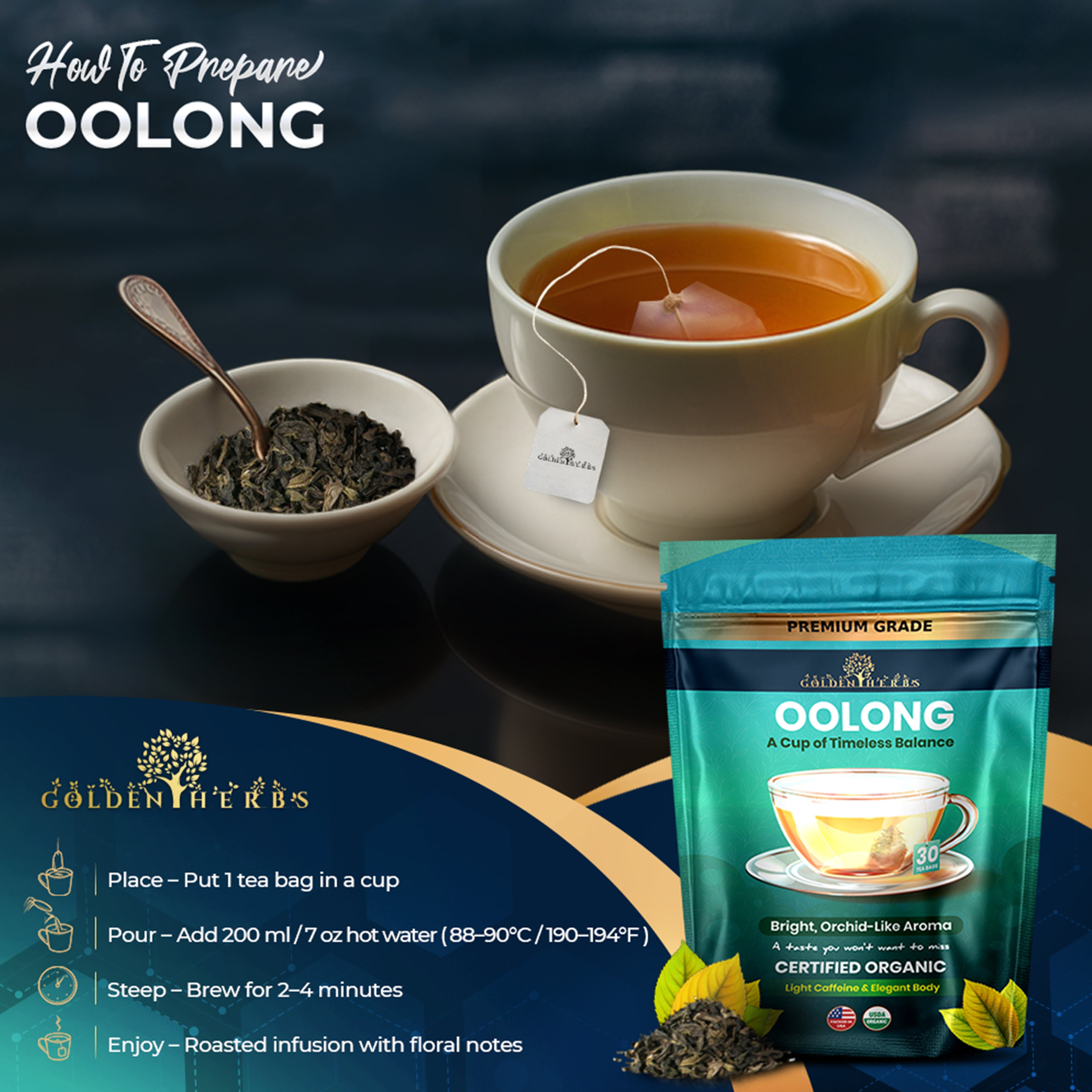 Golden Herbs USDA Organic Japanese Oolong Tea – Lightly Oxidized for Smooth Flavor & Aromatic Notes – 30 Tea Bags – Packed in USA