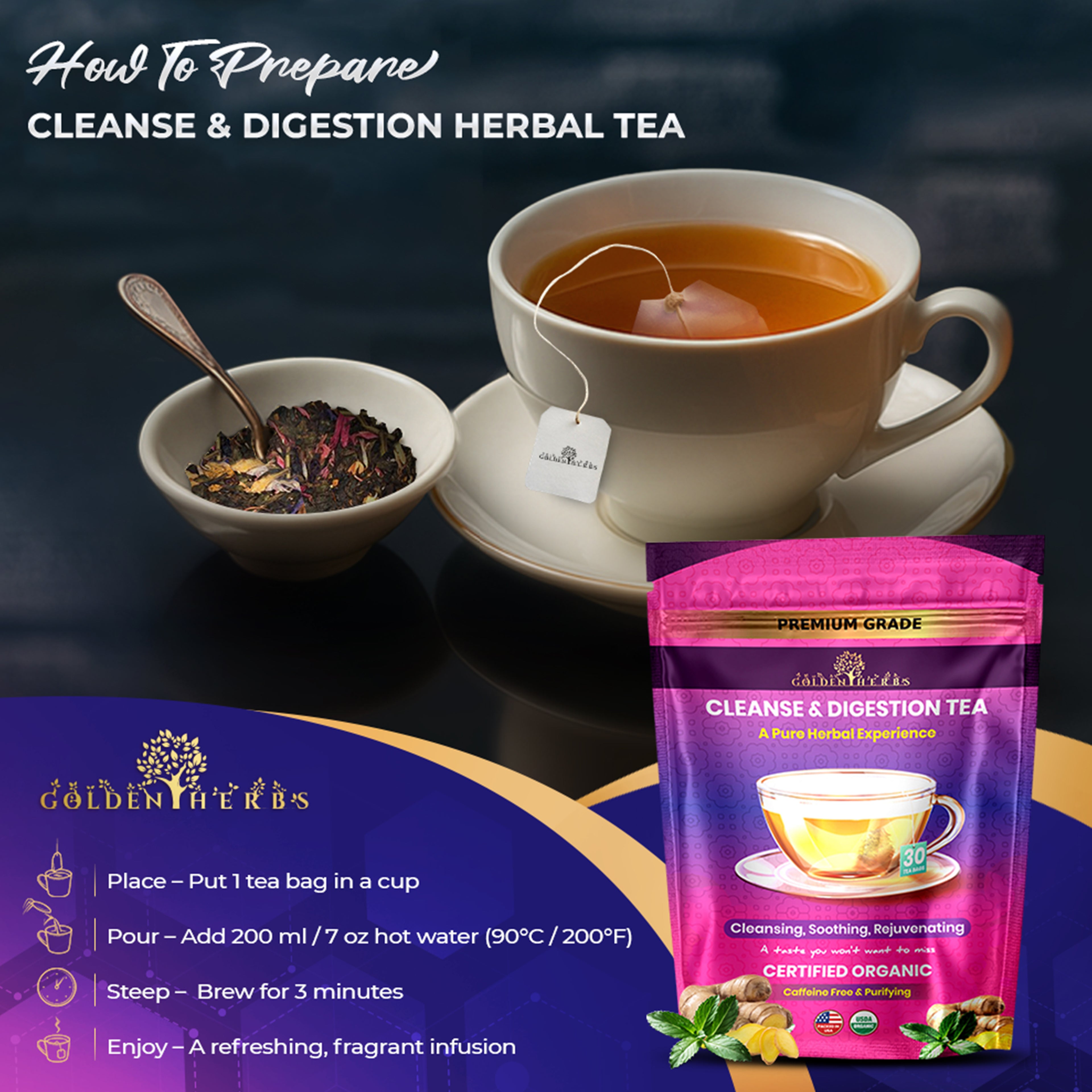 Golden Herbs USDA Organic Cleanse & Digestion Herbal Tea – Natural Detox & Gut Support – 30 Tea Bags – Caffeine-Free – Packed in USA