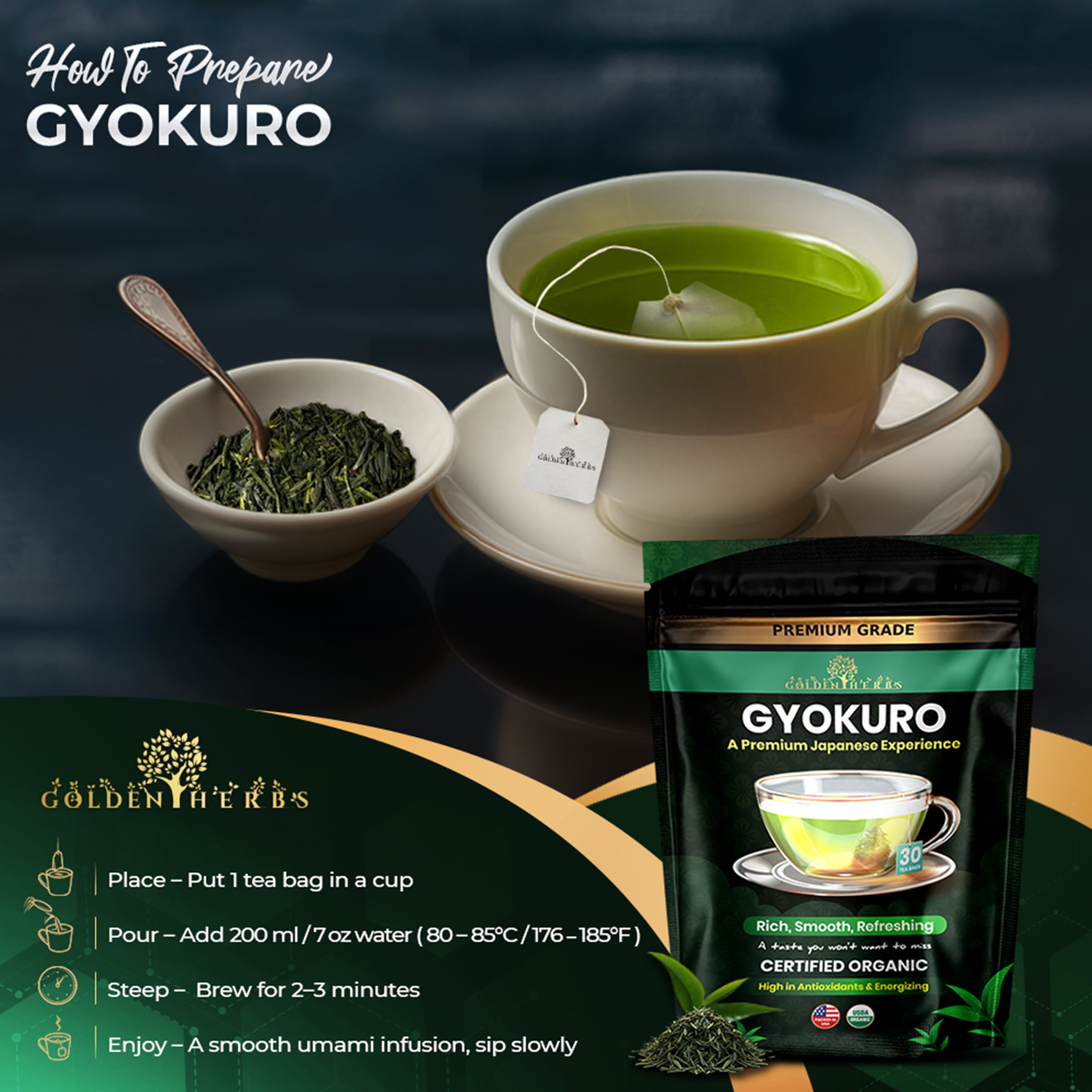 Golden Herbs USDA Organic Japanese Gyokuro Green Tea – Premium Shade-Grown Leaves – Rich Umami Flavor – 30 Tea Bags – Packed in USA