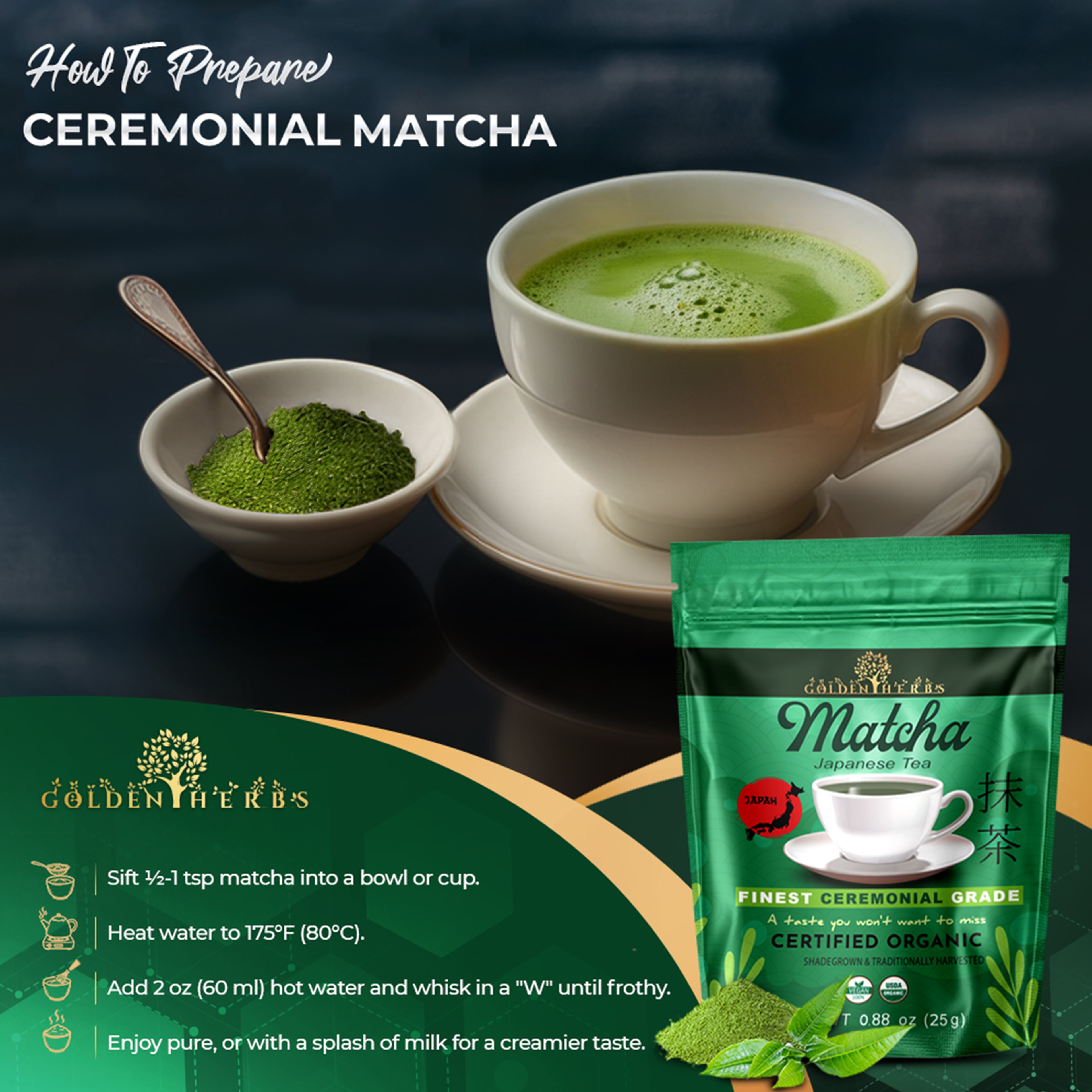 Golden Herbs USDA Organic Japanese Ceremonial Matcha Green Tea Powder – Premium Grade – Packed in USA