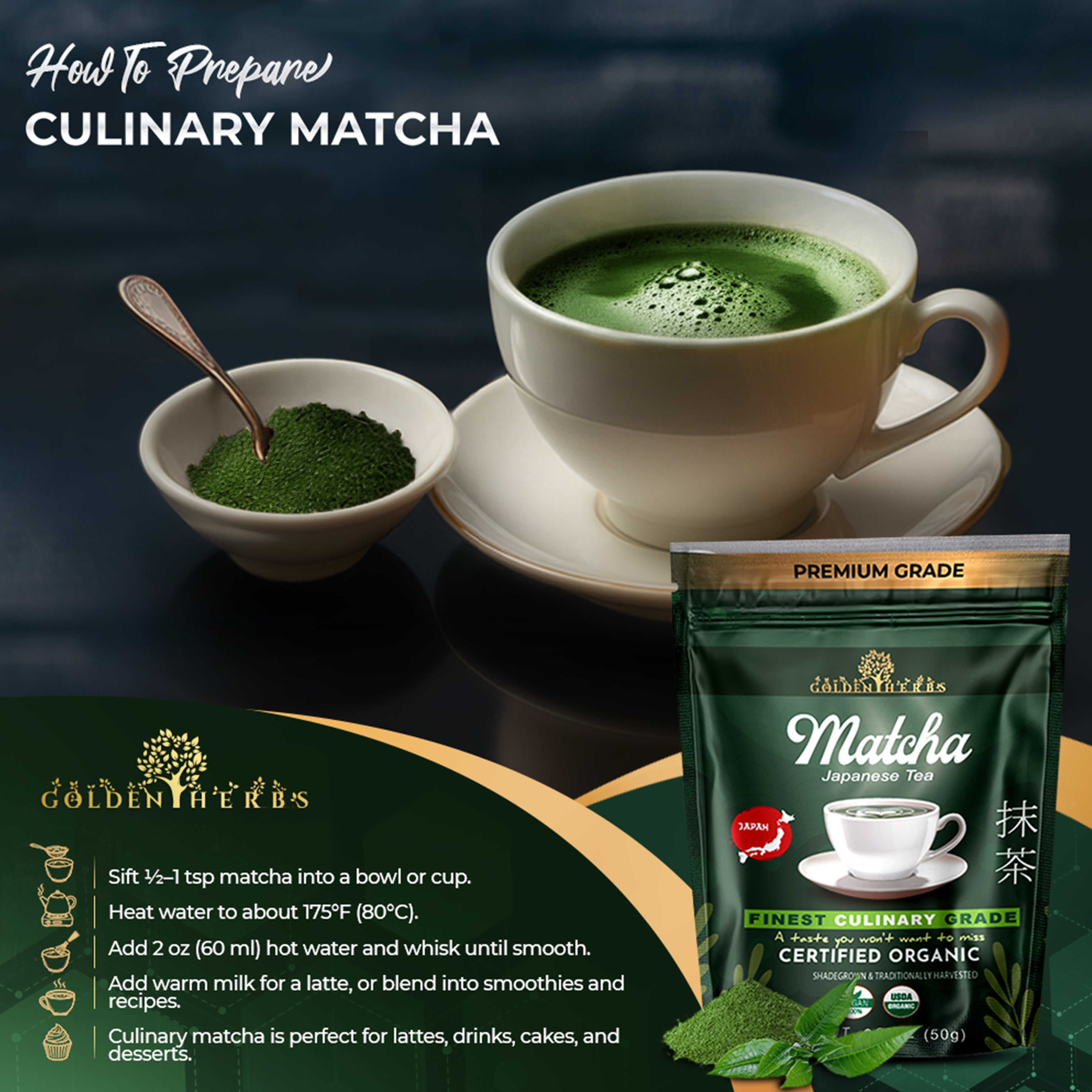 Golden Herbs USDA Organic Japanese Culinary Matcha Green Tea Powder – Smooth Flavor for Lattes, Baking & Smoothies – Packed in USA