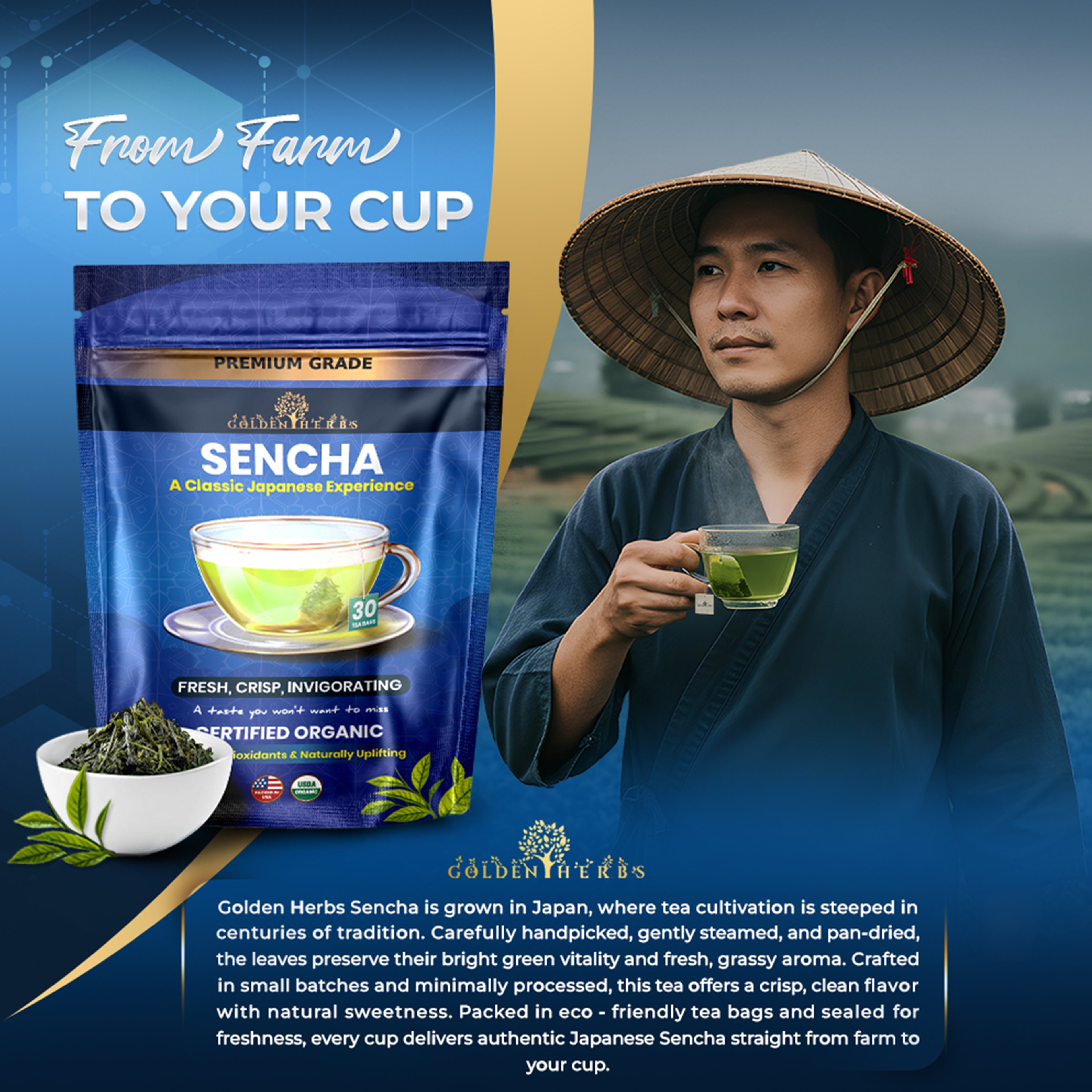 Golden Herbs USDA Organic Japanese Sencha Green Tea – 30 Tea Bags – Fresh & Smooth – Packed in USA