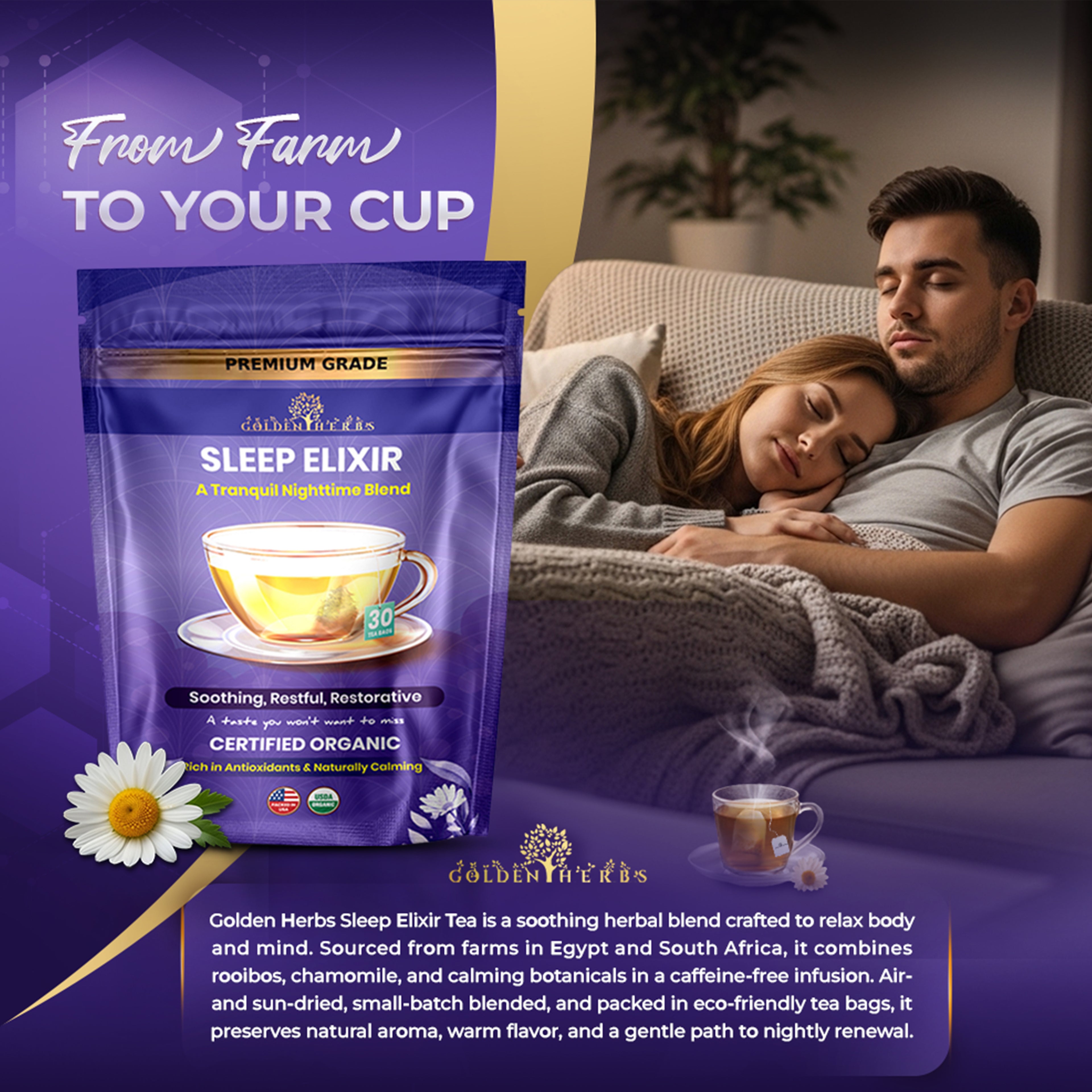 Golden Herbs USDA Organic Sleep Elixir Herbal Tea – Relaxing Bedtime Blend with Chamomile & Herbs – 30 Naturally Caffeine-Free Tea Bags – Packed in USA