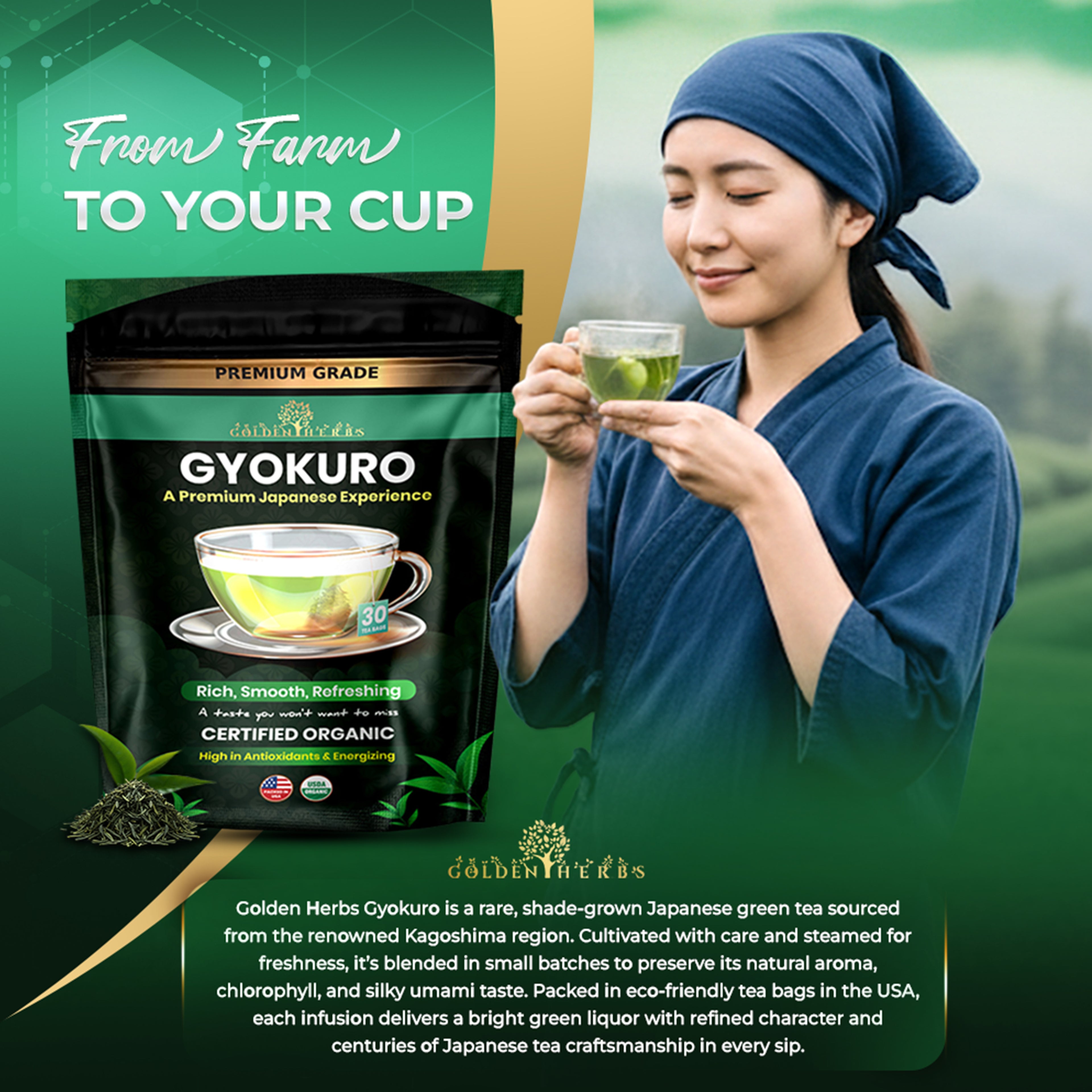 Golden Herbs USDA Organic Japanese Gyokuro Green Tea – Premium Shade-Grown Leaves – Rich Umami Flavor – 30 Tea Bags – Packed in USA