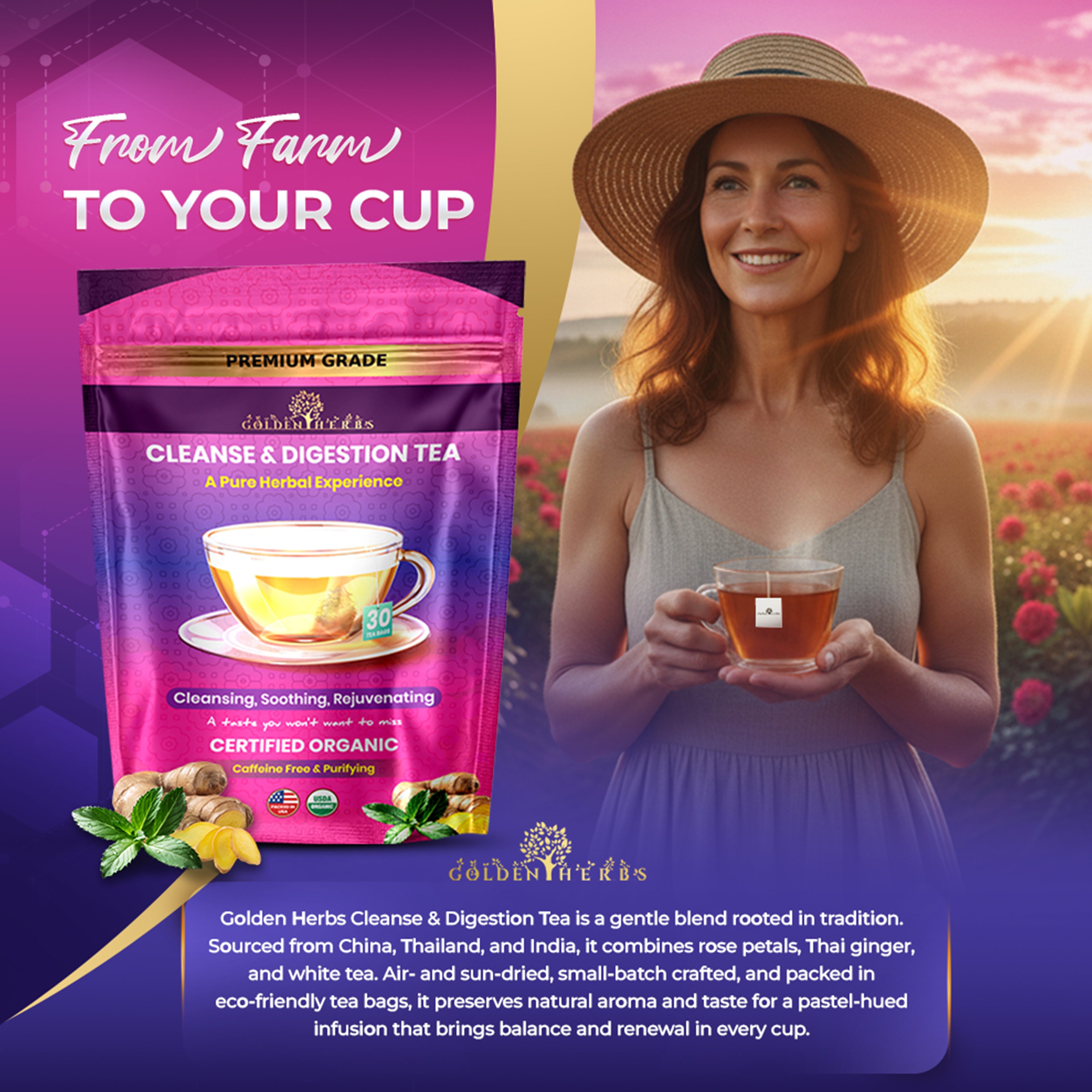 Golden Herbs USDA Organic Cleanse & Digestion Herbal Tea – Natural Detox & Gut Support – 30 Tea Bags – Caffeine-Free – Packed in USA