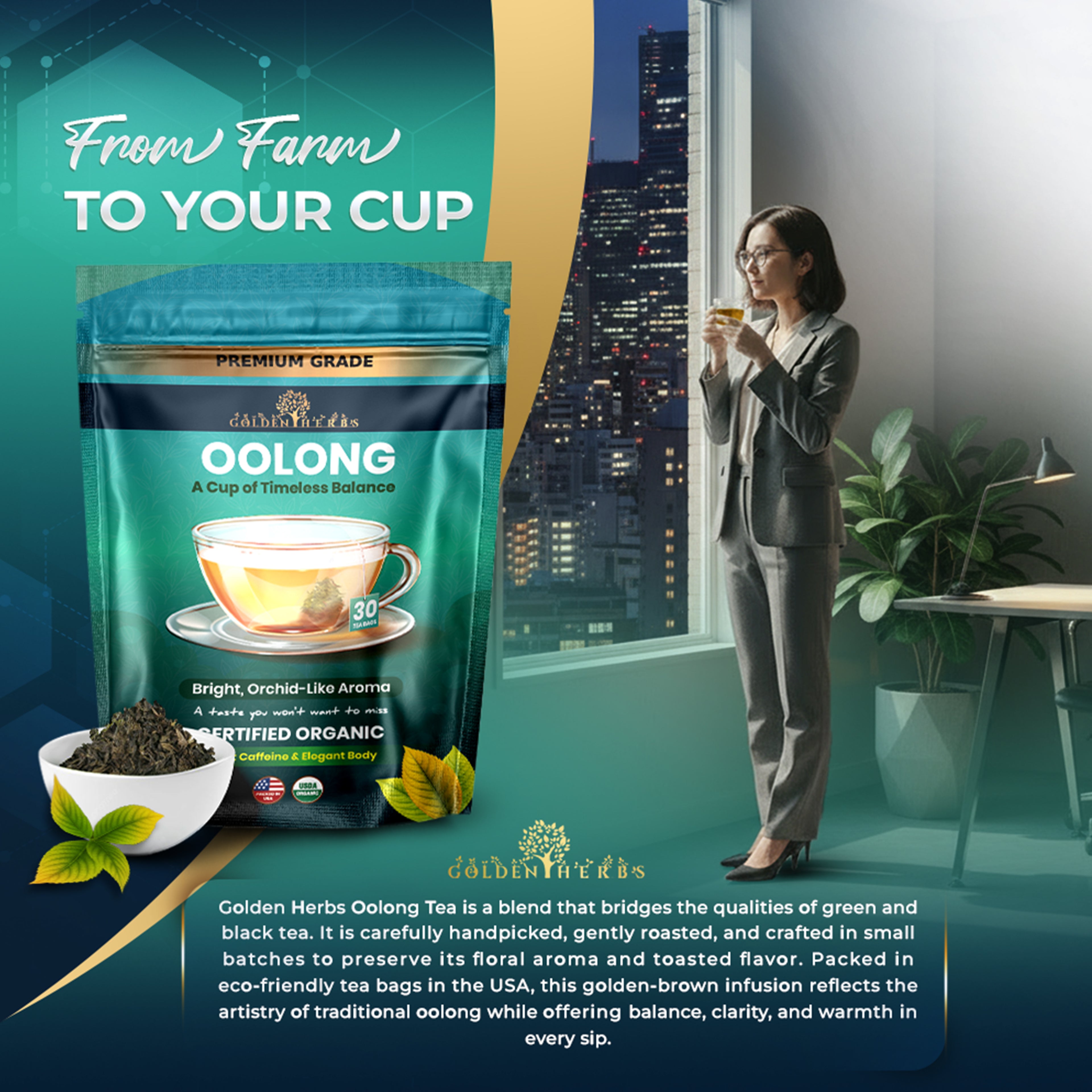 Golden Herbs USDA Organic Japanese Oolong Tea – Lightly Oxidized for Smooth Flavor & Aromatic Notes – 30 Tea Bags – Packed in USA