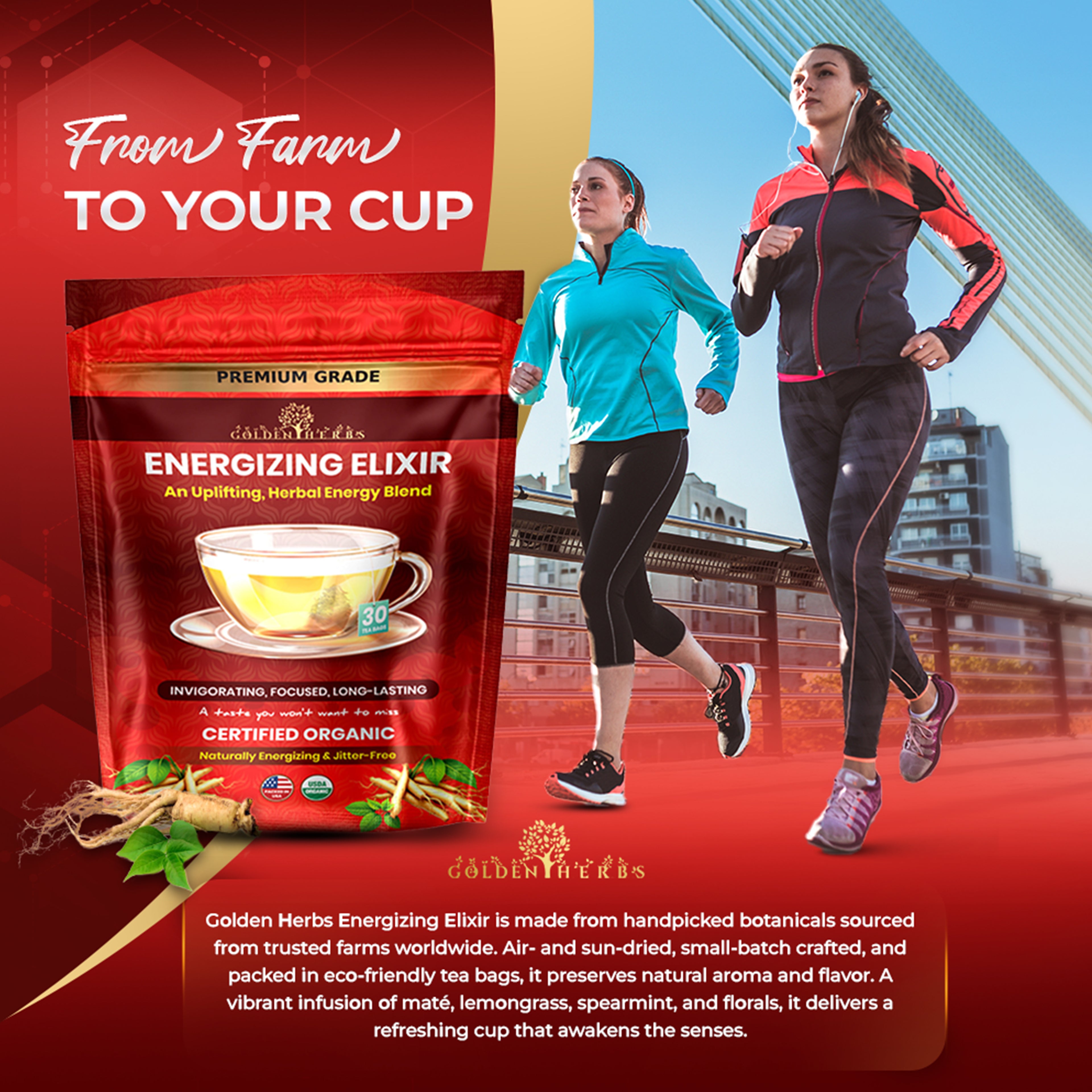 Golden Herbs USDA Organic Energizing Elixir Herbal Tea – Natural Energy & Focus Support – 30 Caffeine-Free Tea Bags – Packed in USA