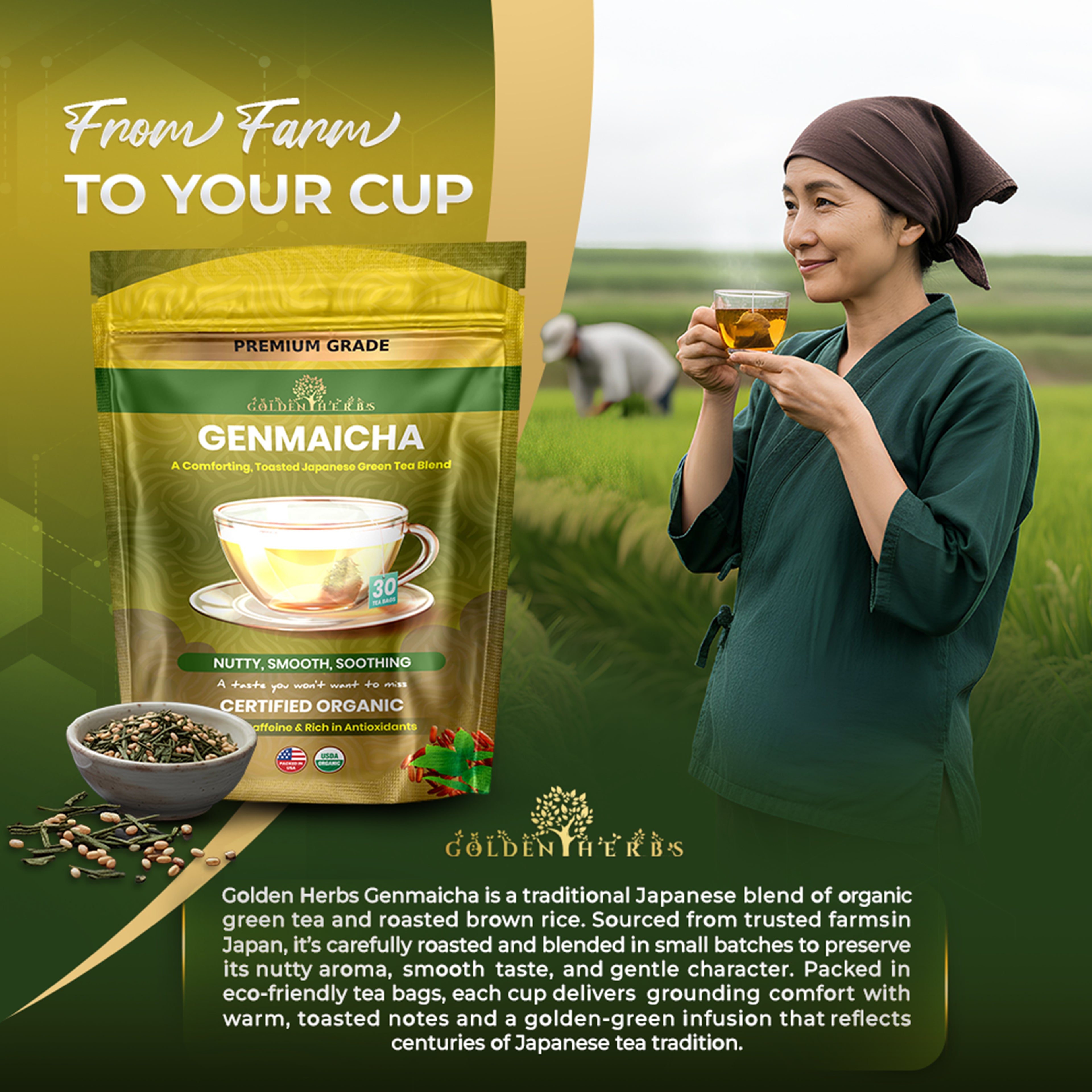 Golden Herbs USDA Organic Japanese Genmaicha Green Tea – Premium Roasted Brown Rice Blend – Nutty Flavor – 30 Tea Bags – Packed in USA