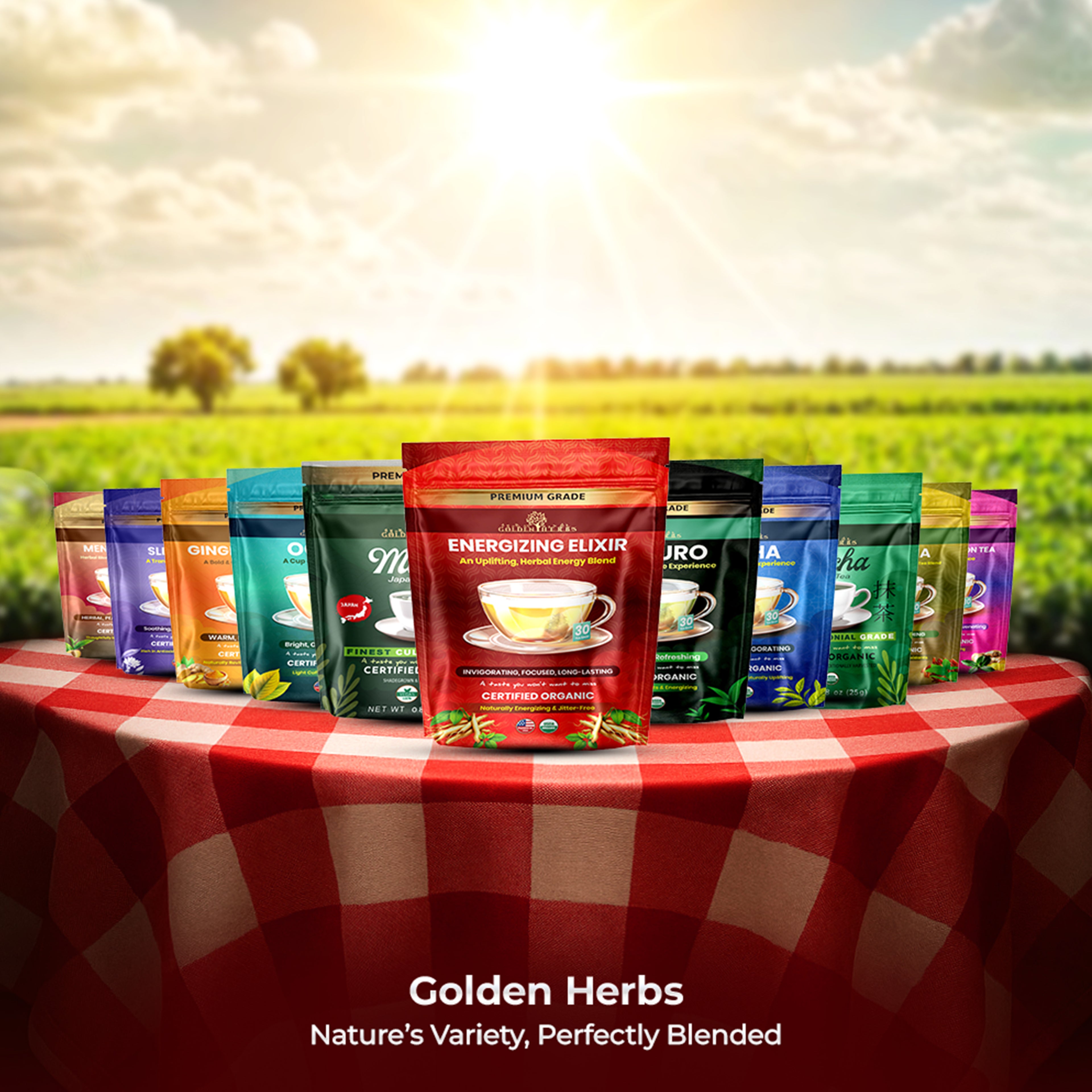 Golden Herbs USDA Organic Energizing Elixir Herbal Tea – Natural Energy & Focus Support – 30 Caffeine-Free Tea Bags – Packed in USA