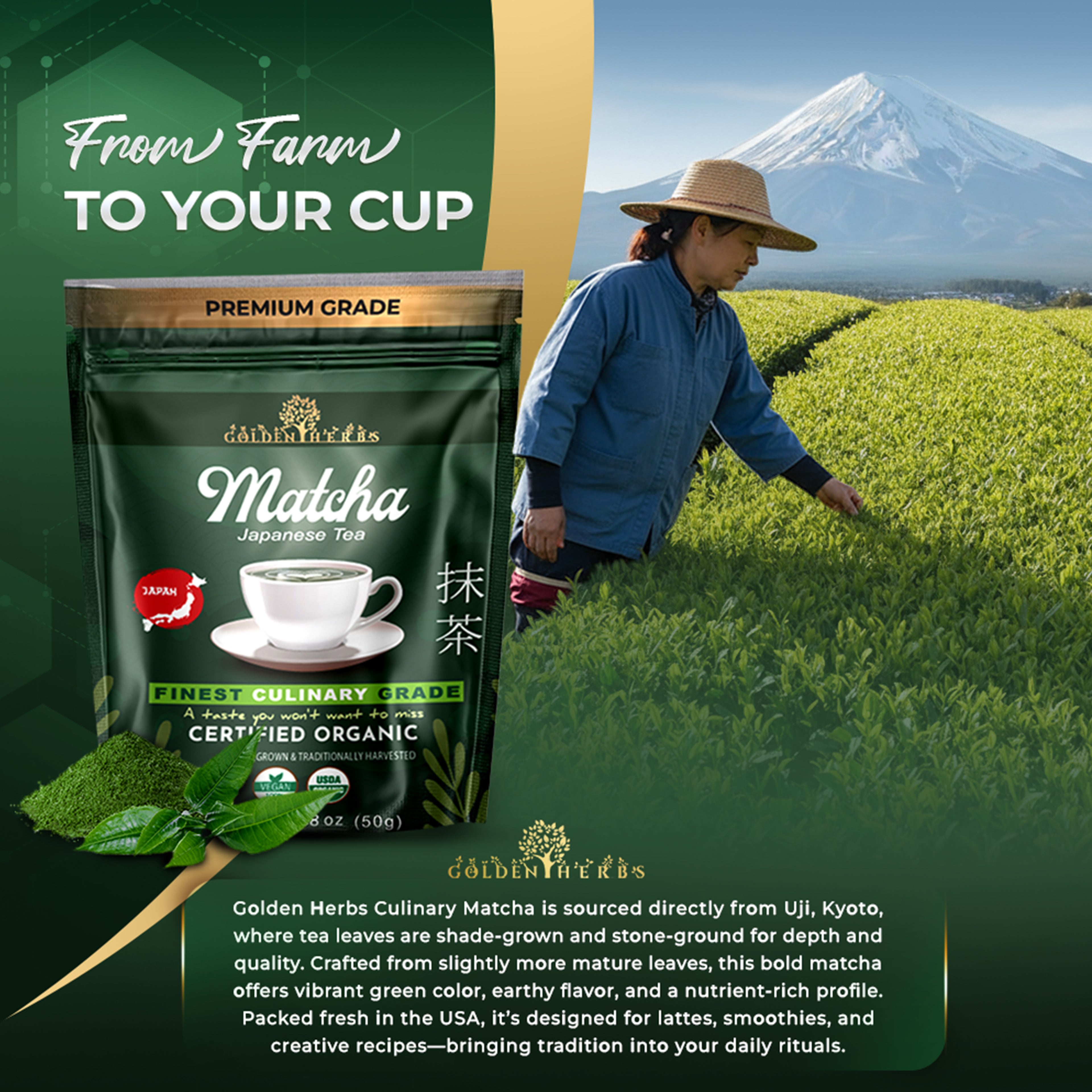 Golden Herbs USDA Organic Japanese Culinary Matcha Green Tea Powder – Smooth Flavor for Lattes, Baking & Smoothies – Packed in USA