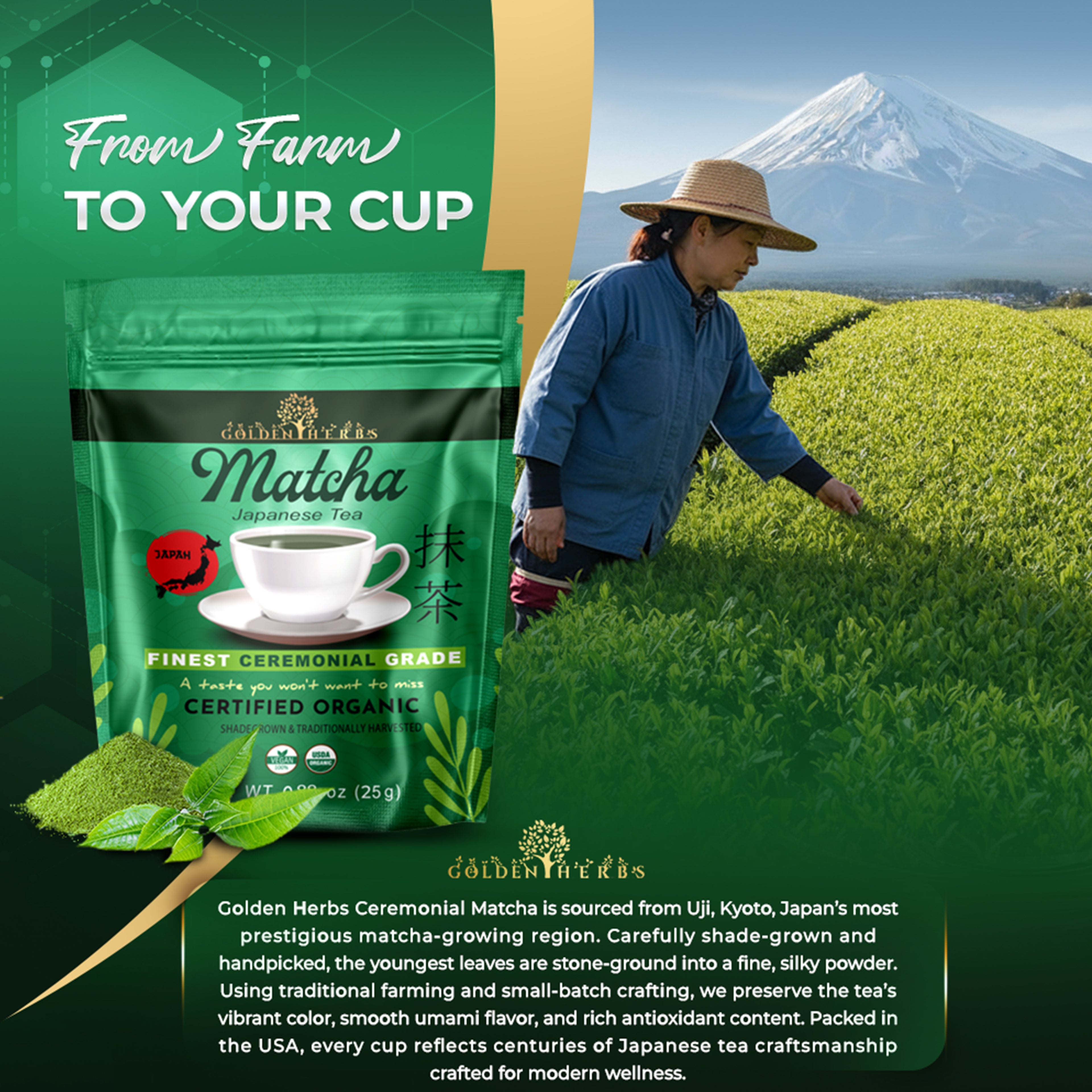 Golden Herbs USDA Organic Japanese Ceremonial Matcha Green Tea Powder – Premium Grade – Packed in USA