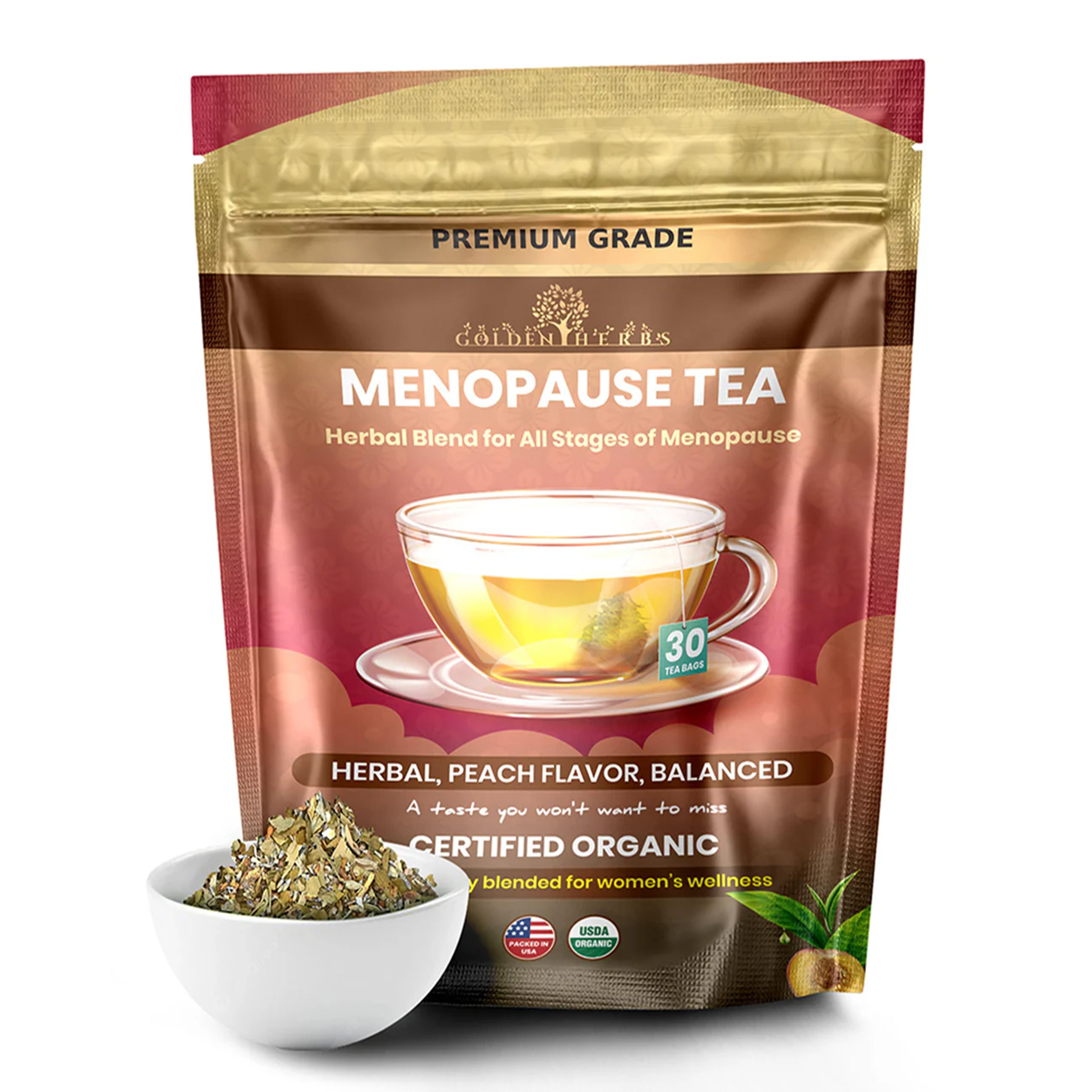 Golden Herbs USDA Organic Menopause Wellness Herbal Tea – 30 Caffeine-Free Tea Bags – Soothing Blend for Comfort & Balance – Packed in USA